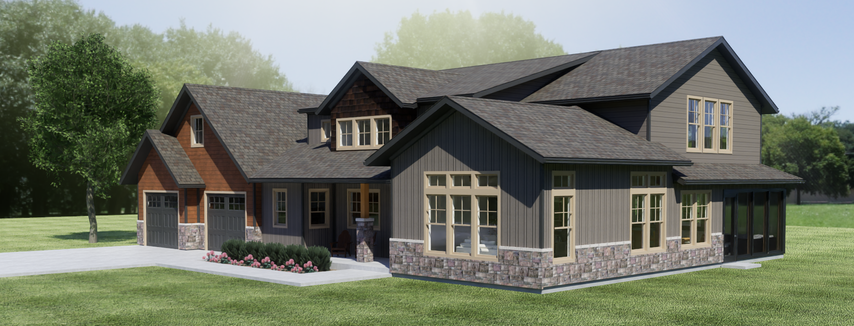 Stone and Timber Craftsman exterior rendering, view 2