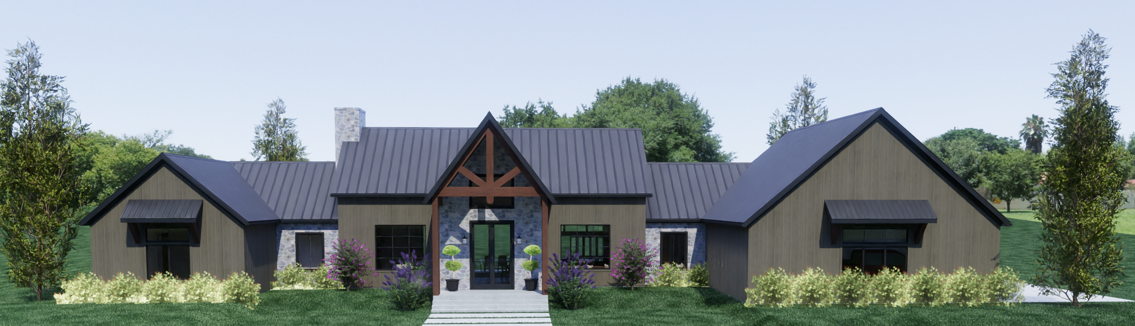 Timber Entry Ranch front exterior with a timber gable, stone entry, and dark metal roof