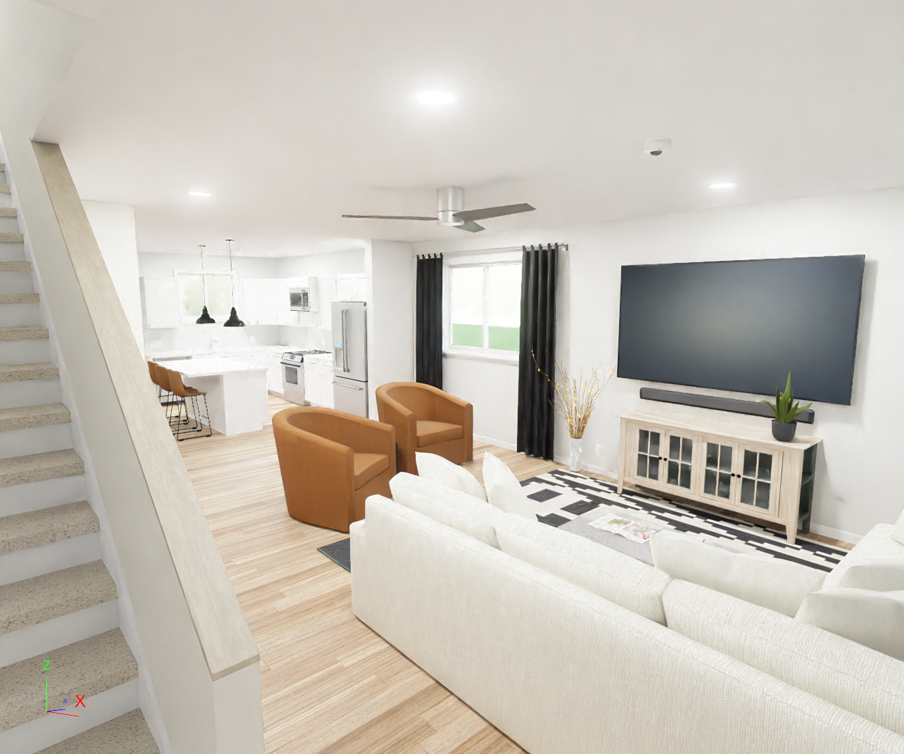 Interior living space rendering for Compact Gabled Home.