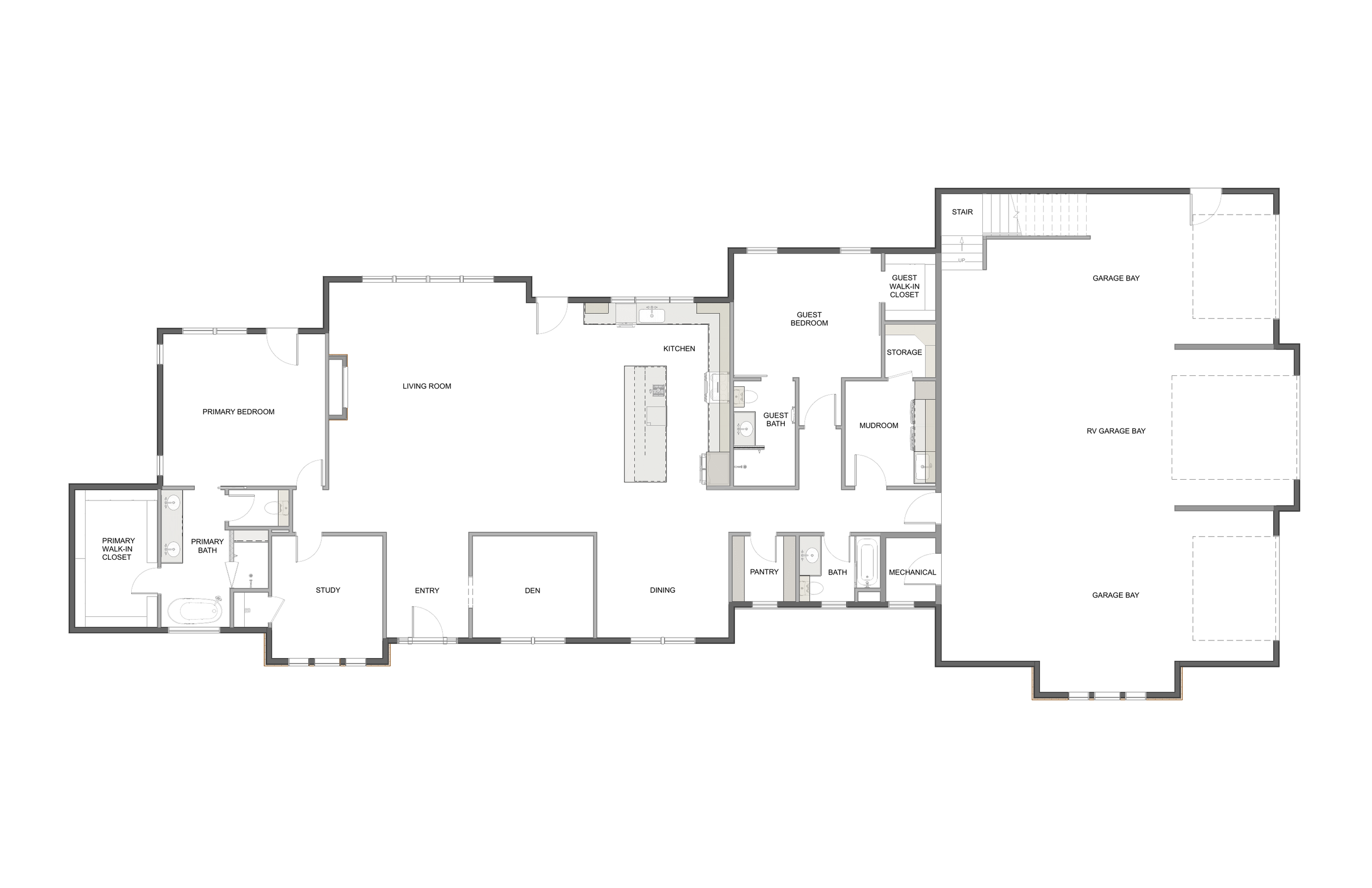 Stone and Timber Home main level floor plan.
