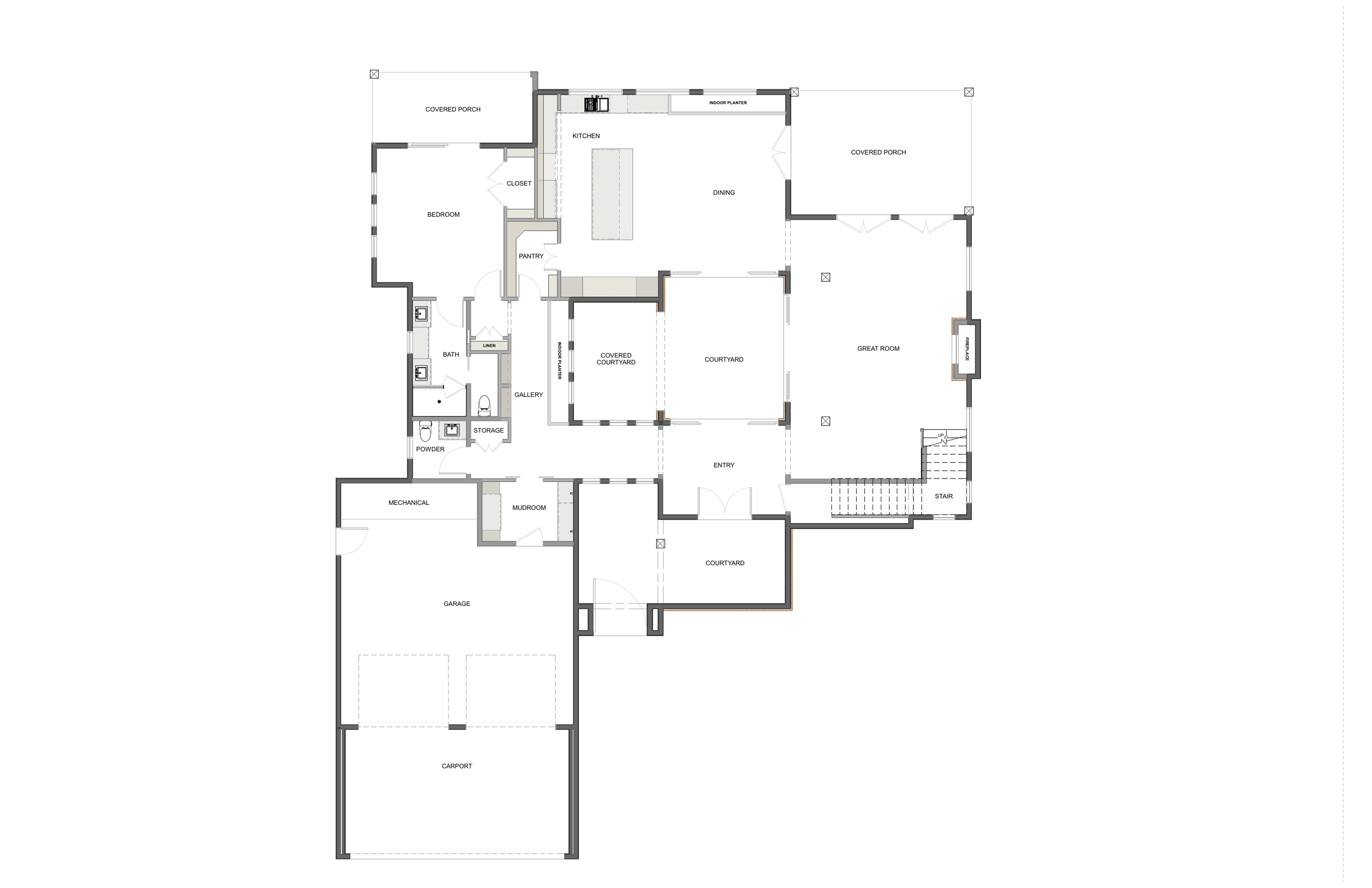 Modern Stucco Home main level floor plan.