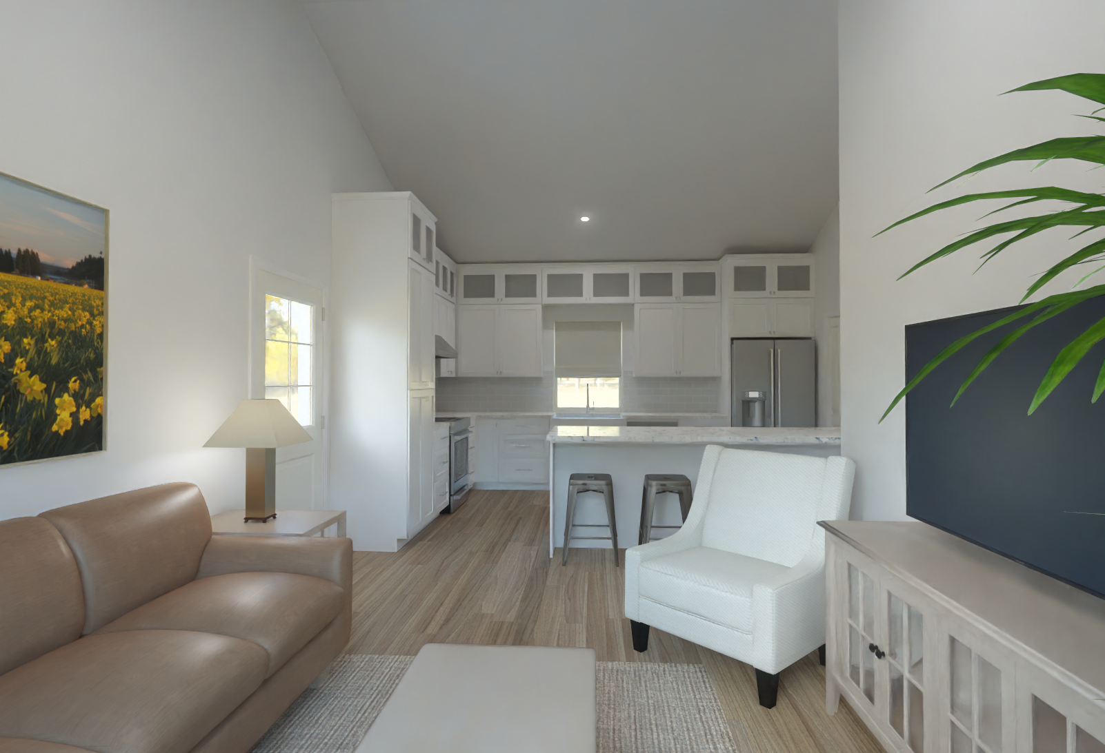 Bright open living room and kitchen with white cabinetry and island seating.