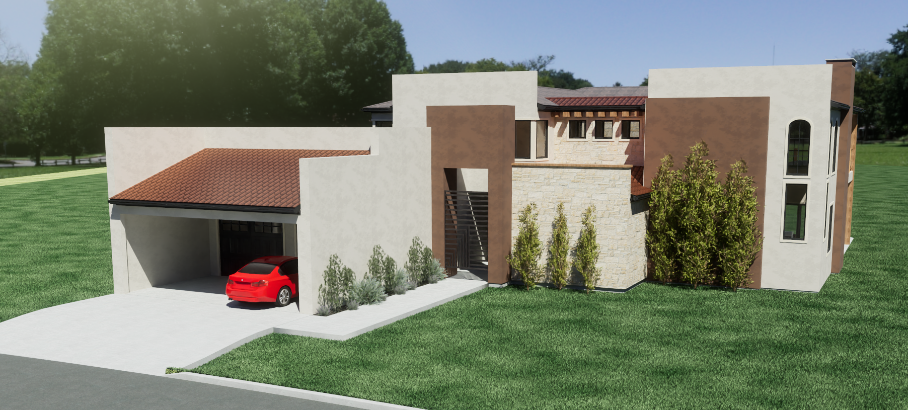 Front exterior of Modern Stucco Home with a sheltered garage entrance.
