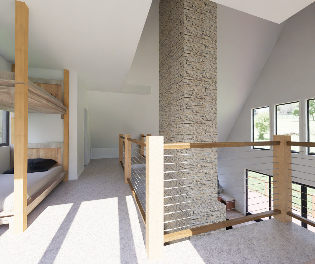 Modern A-Frame Cabin interior rendering, view 4
