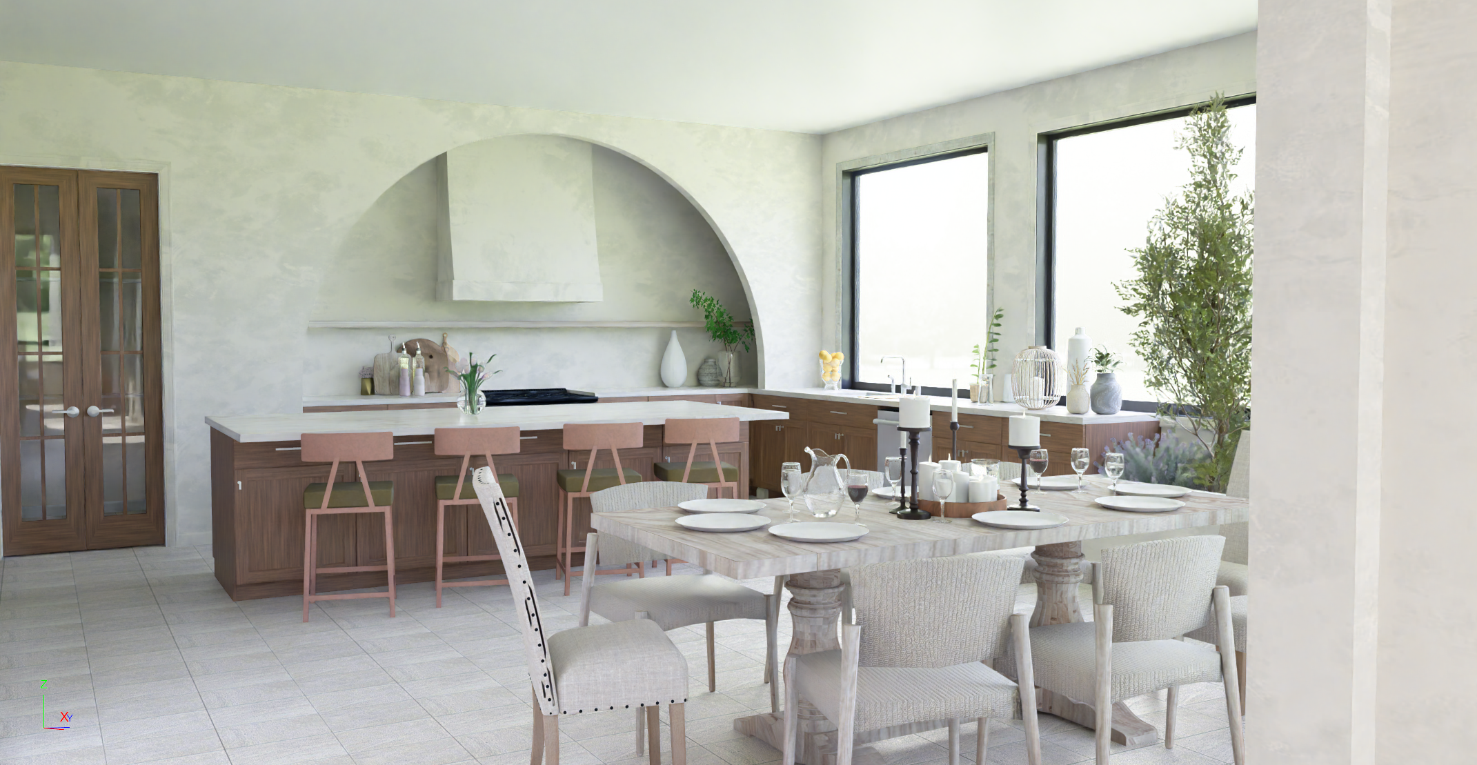 Dining area and kitchen in Modern Stucco Home.
