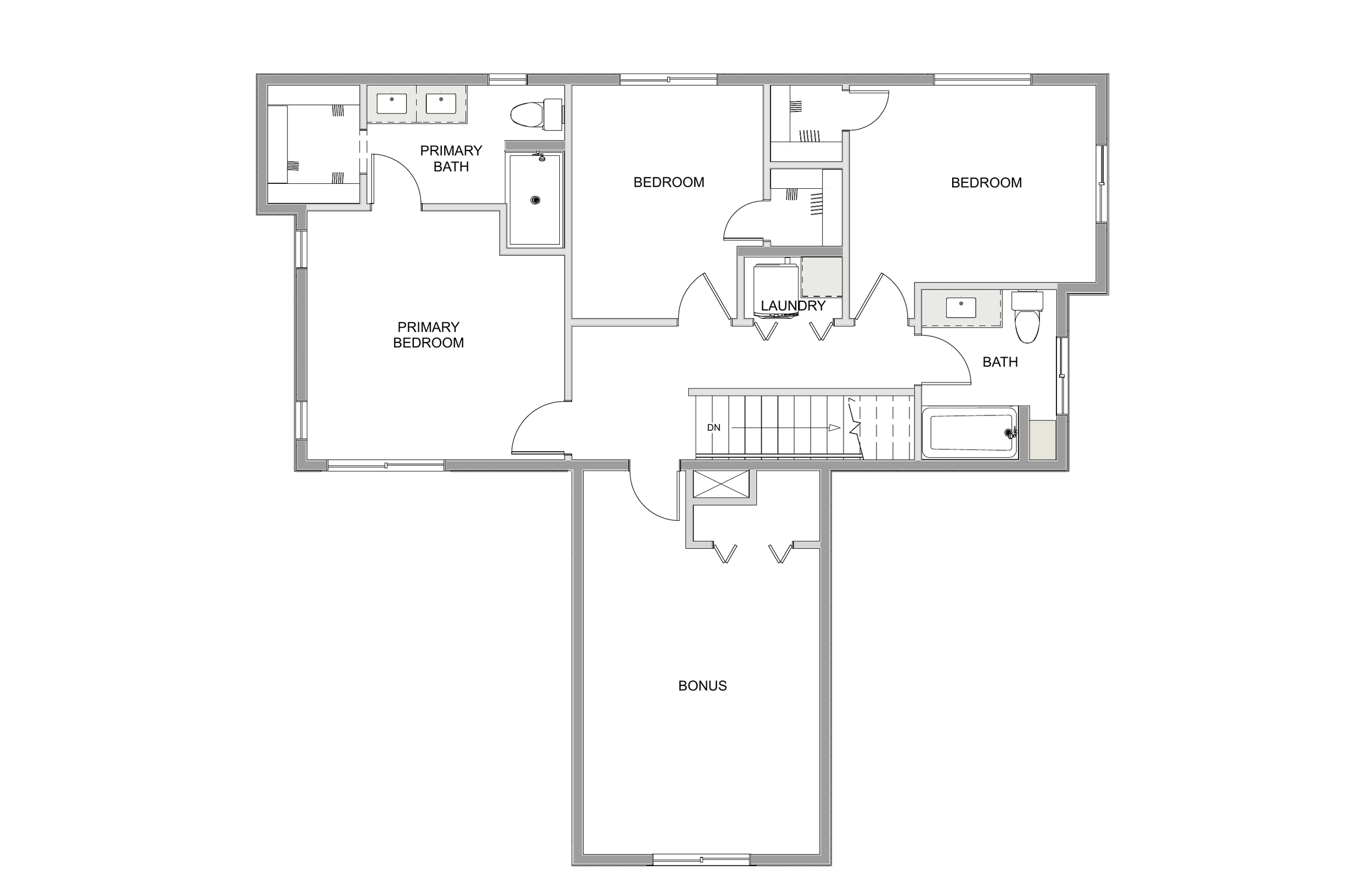 Upper level floor plan for Compact Gabled Home.