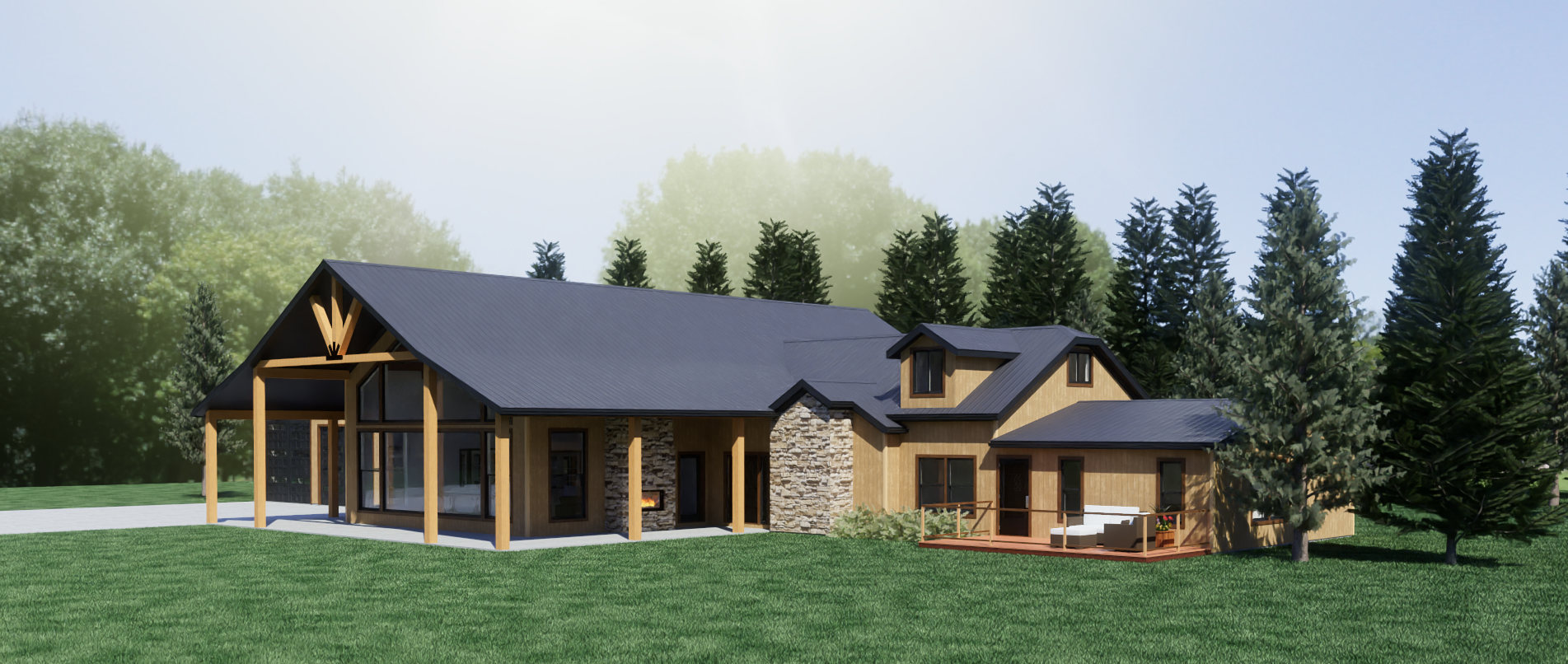Timber Porch Lodge exterior rendering, view 2