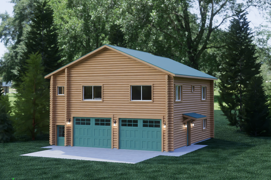 Garage with Upper Level exterior rendering, view 1