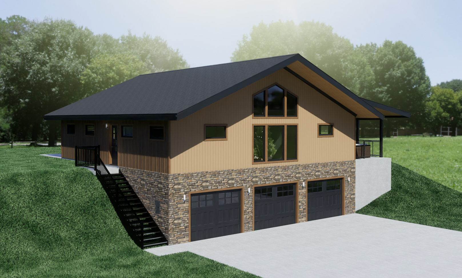 Chalet with Three-Car Garage exterior rendering 2