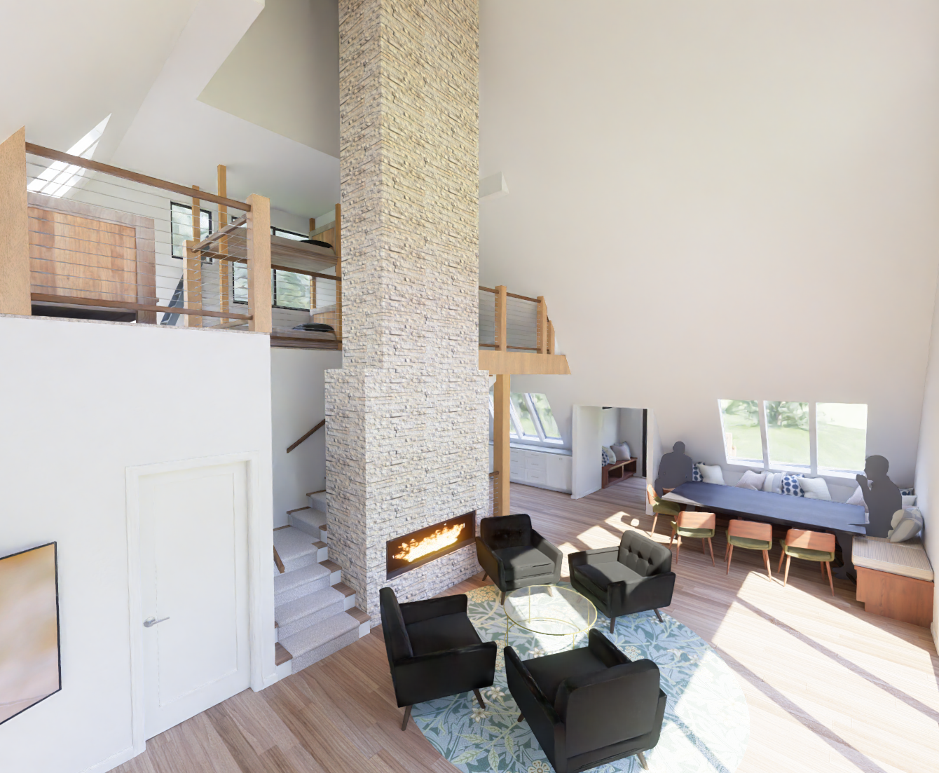 Modern A-Frame Cabin interior rendering, view 1