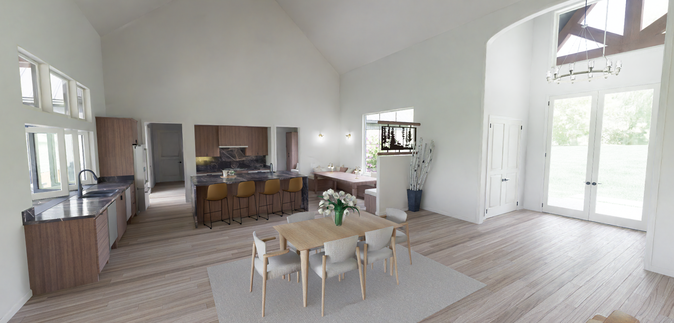 Timber Entry Ranch open kitchen and dining area with island seating
