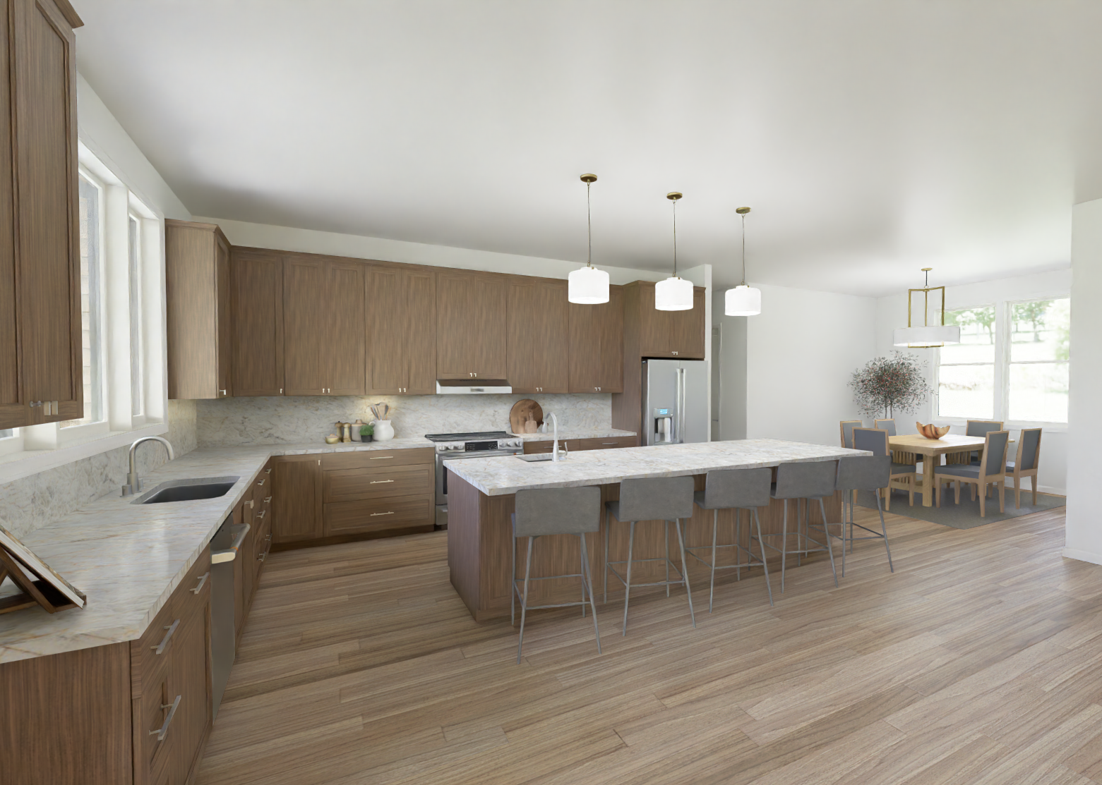 Kitchen with a large island and warm wood cabinetry.