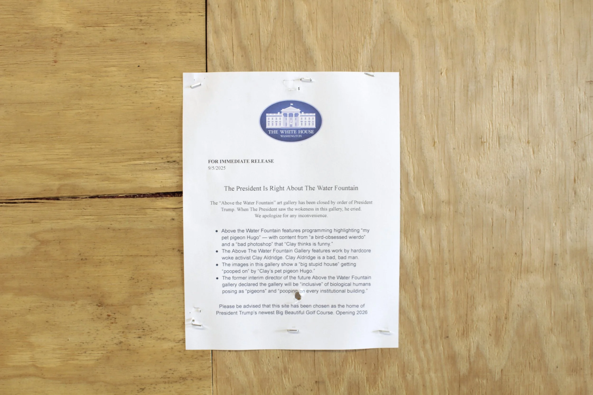 september exhibition, "President is Right About the Water Fountain" clay aldridge