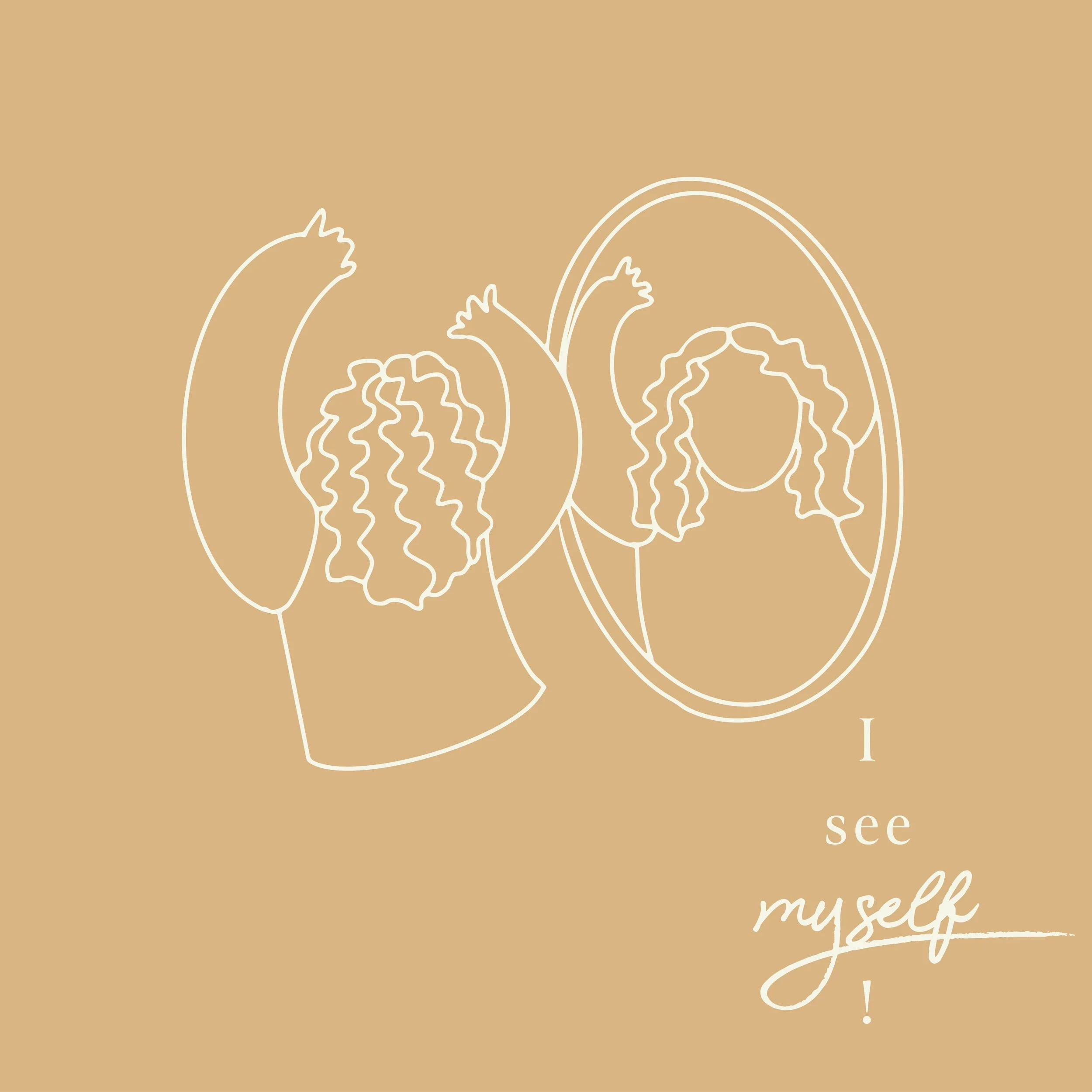 Strich-Illustration von einer Frau, die sich im Spiegel ansieht