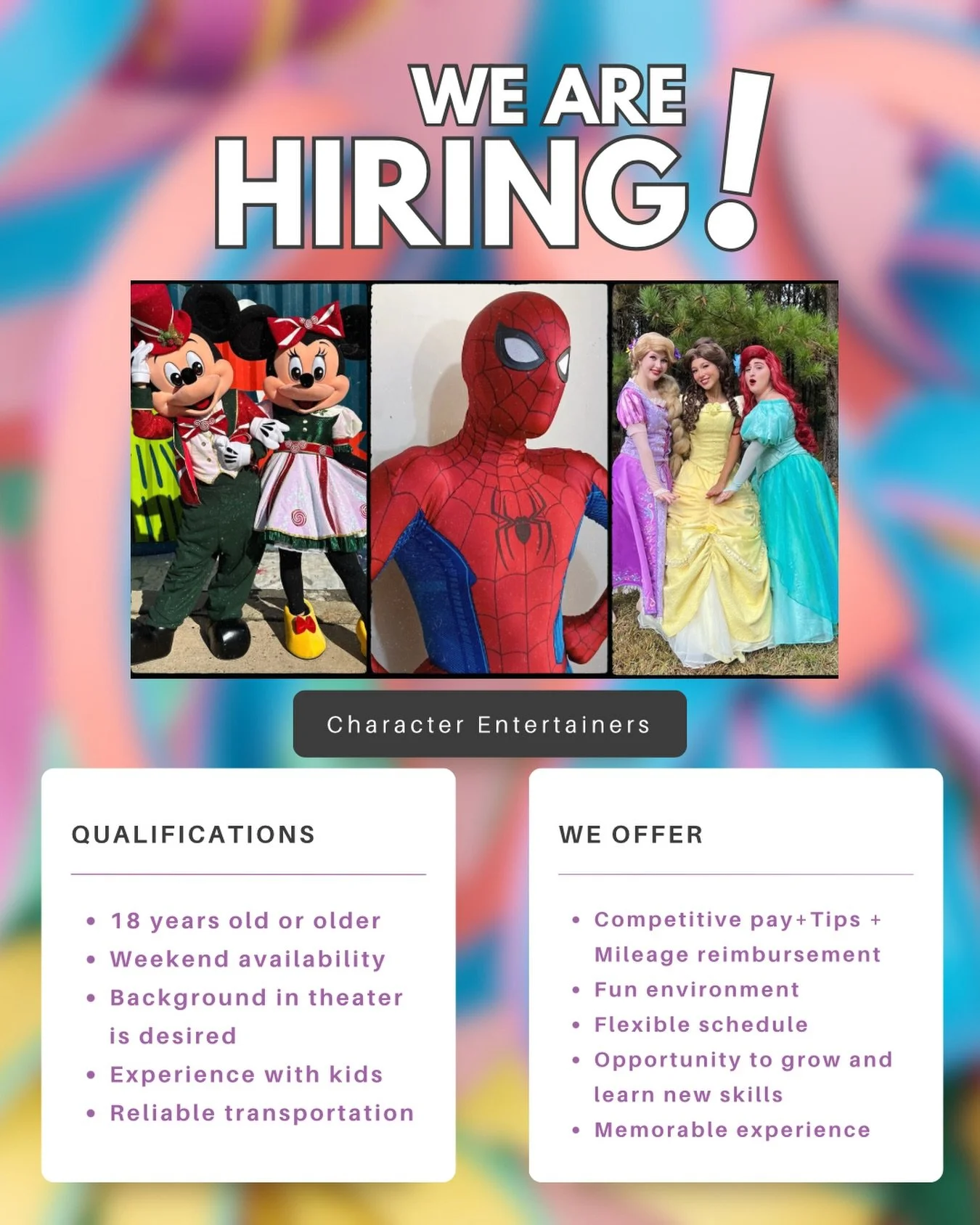 🚨 CASTING CALL 🚨
We&rsquo;re hiring character entertainers!
✨ Competitive pay
✨ Flexible schedule
✨ Magical experiences
Think you&rsquo;re a perfect fit? DM us ✨
.
.
.
#NowHiring
#CastingCall
#HiringPerformers
#CharacterEntertainer
#PerformerJobs