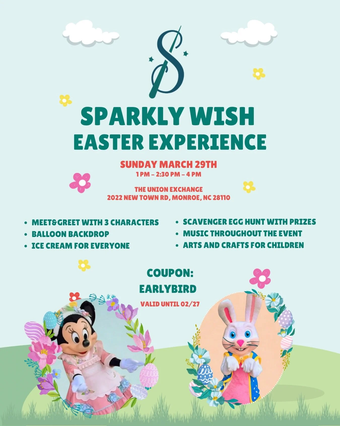 🐣 Sparkly Wish Easter Experience is hopping your way! 🐰✨
Join us on Sunday, March 29th at The Union Exchange for a magical afternoon full of springtime fun!
🌼 Meet &amp; greet with 3 adorable characters
🎈 Balloon backdrop for photos by @letsballo
