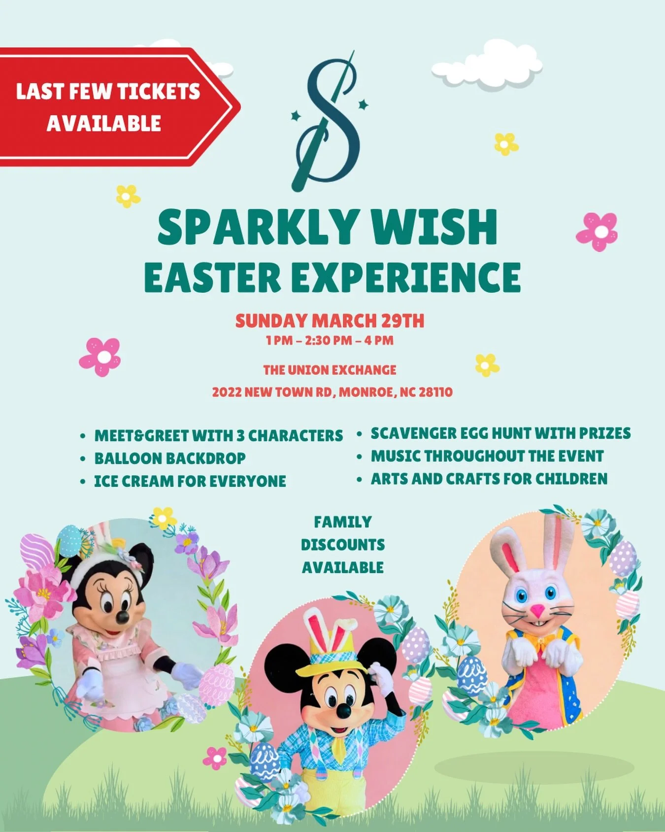 🚨 LAST FEW TICKETS AVAILABLE! 🚨

Our Sparkly Wish Easter Experience is almost SOLD OUT and tickets are going fast! 🐰✨ Join us Sunday, March 29th in Monroe for a magical family event your kids will never forget.

🌸 Meet &amp; greet with 3 beloved 