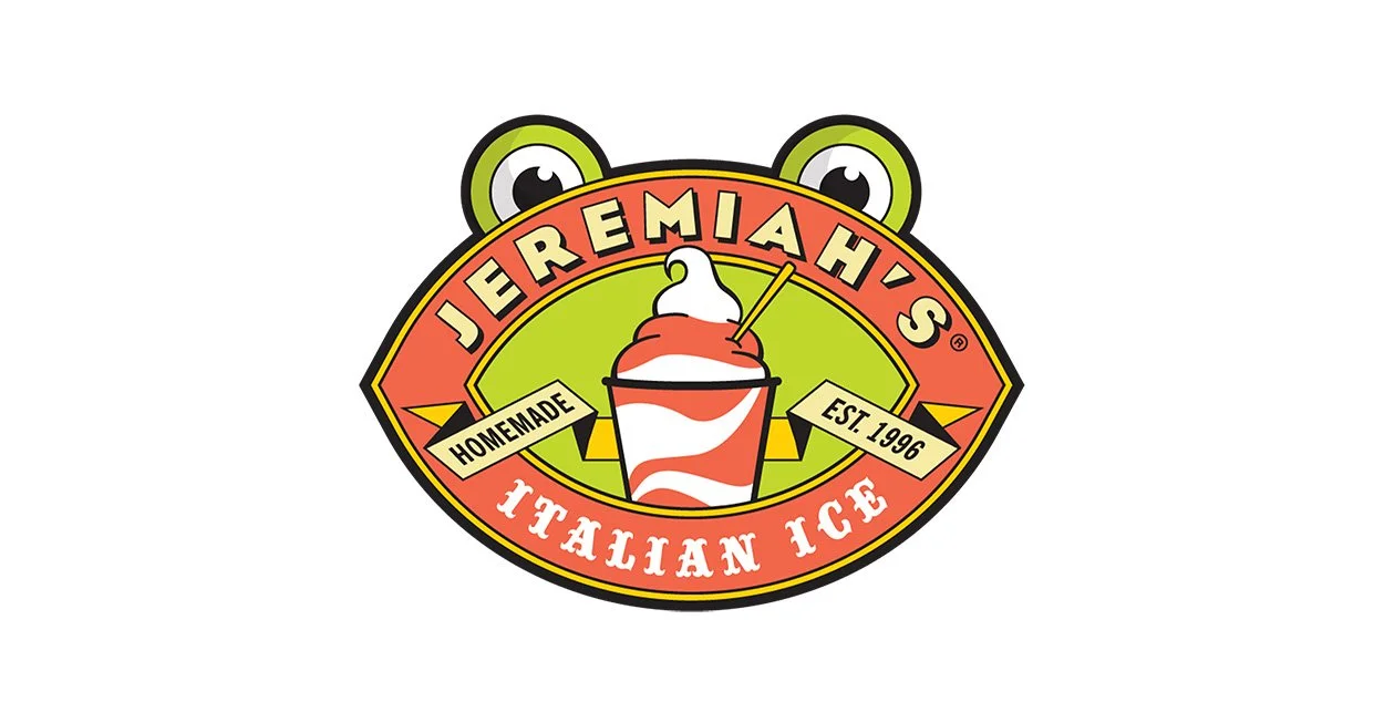 Logo for Jeremiah's Italian Ice featuring a playful frog with big eyes, a cup of Italian ice with a swirl, and banners indicating homemade and established in 1996.