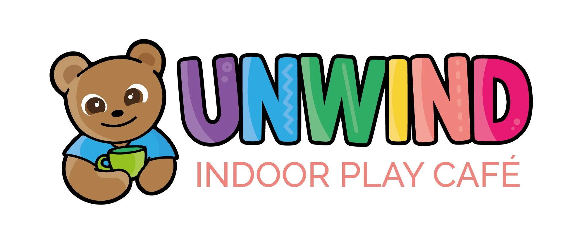 Colorful logo for UNWIND Indoor Play Café featuring a smiling bear holding a green mug and rainbow-colored text.