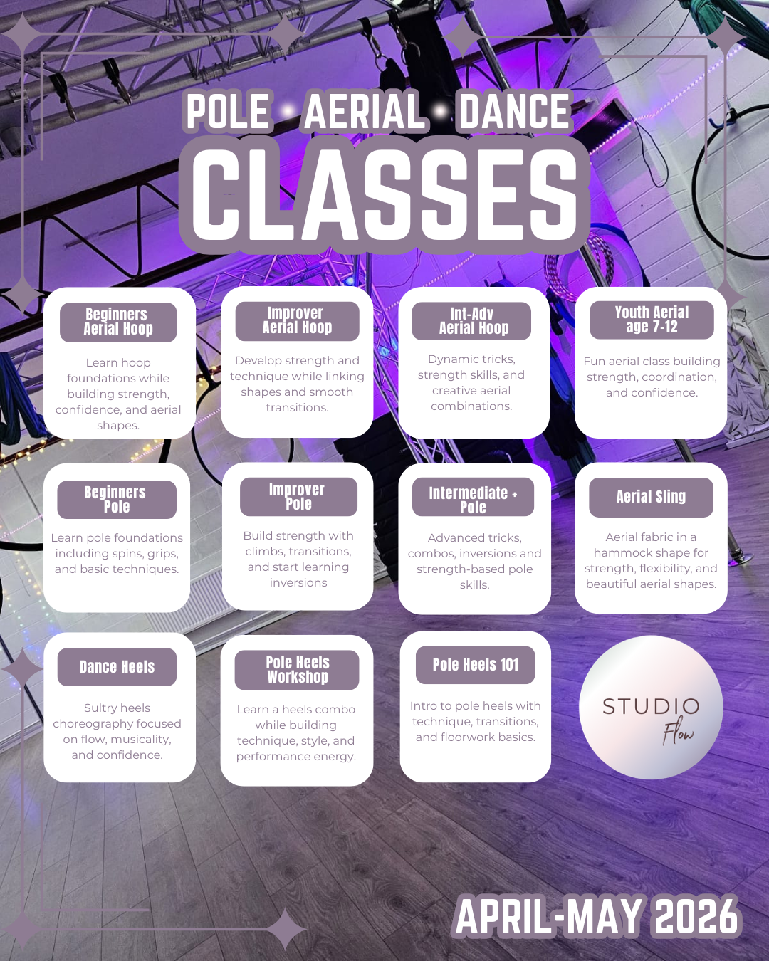 Studio Flow Pole Aerial Class Descriptions
