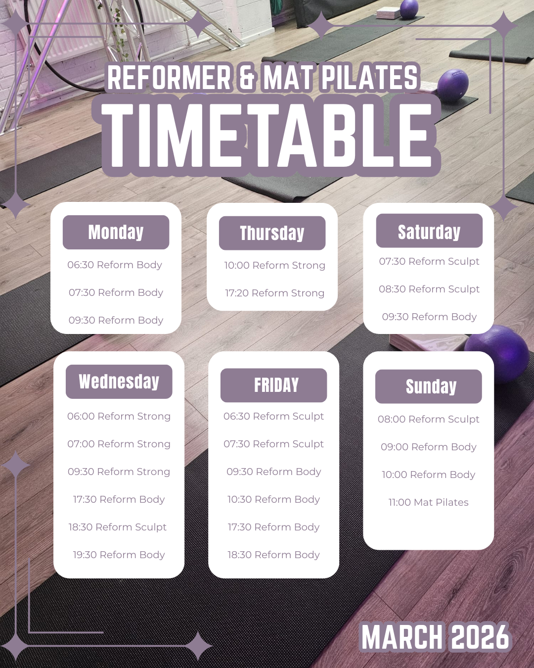 Studio Flow Reformer Pilates Timetable
