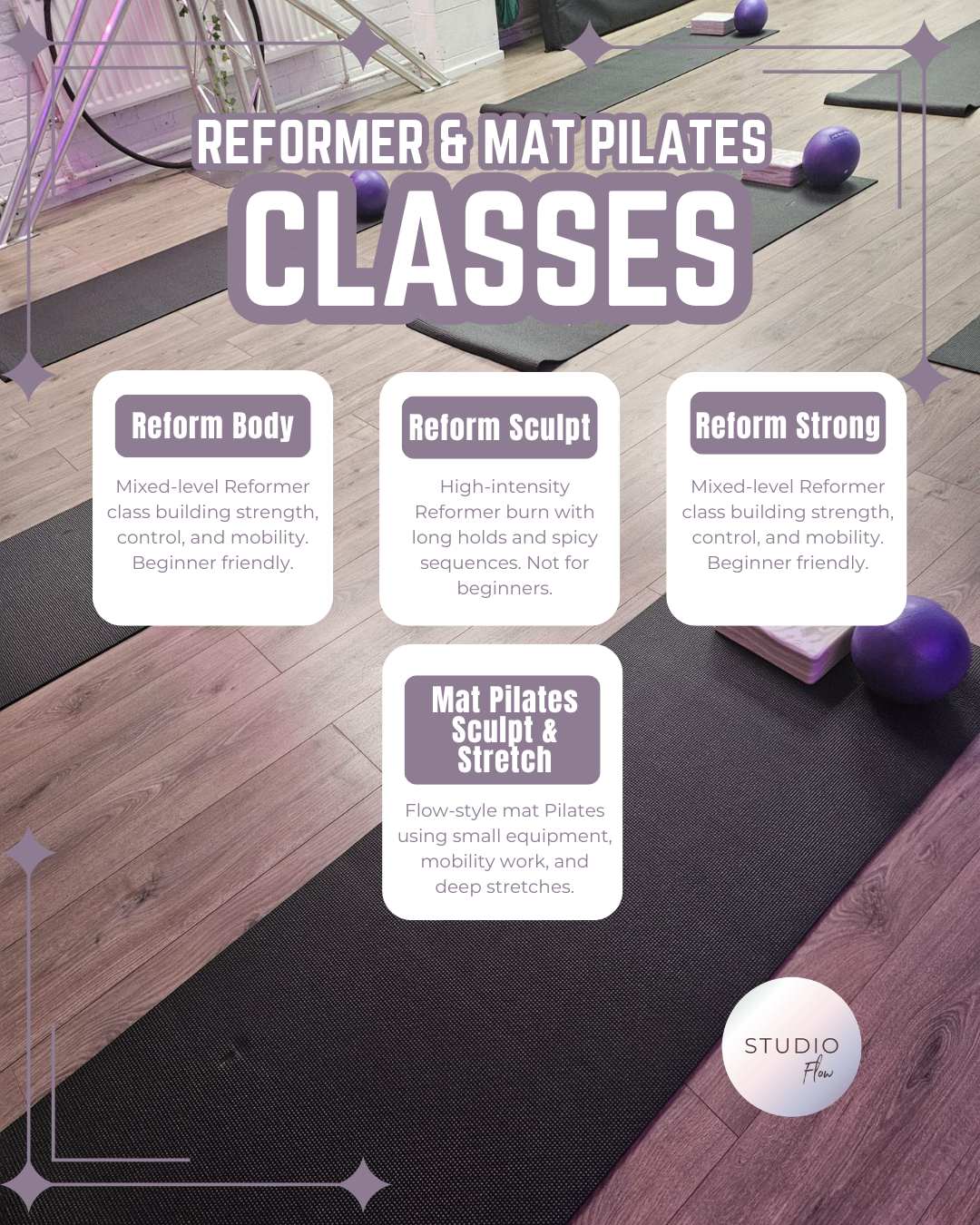 Studio Flow Reformer Pilates Class Descriptions