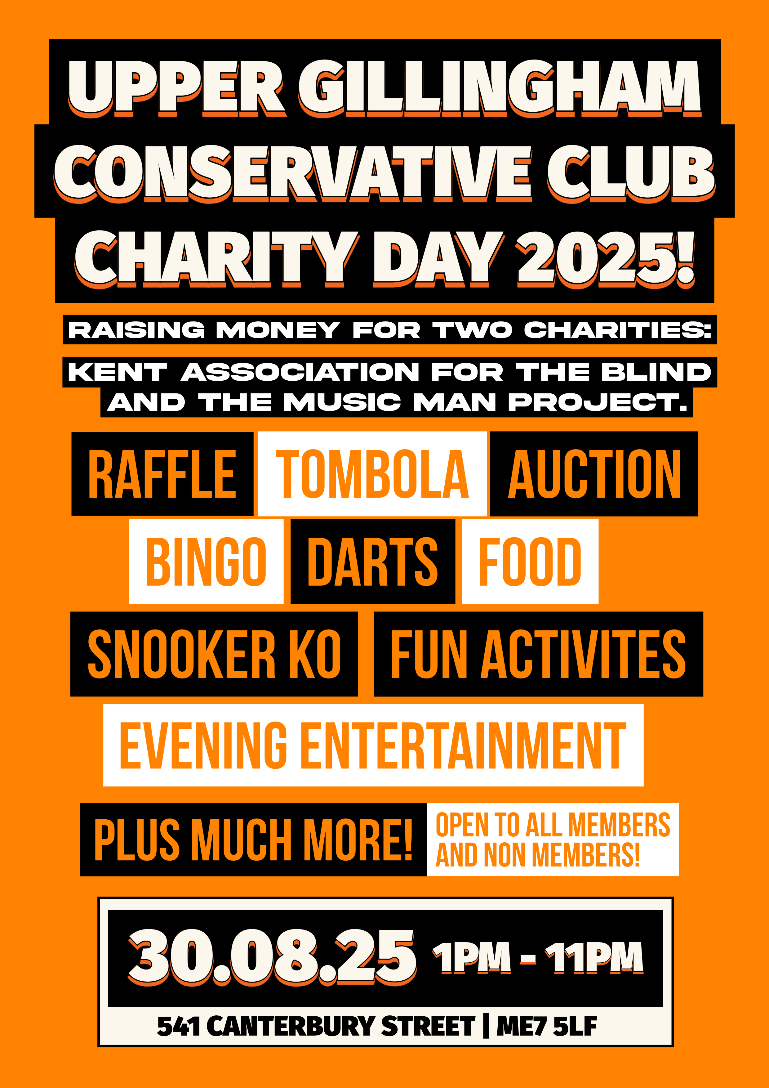 Flyer for Upper Gillingham Conservative Club Charity Day 2025 featuring event details, activities such as raffle, tombola, auction, bingo, darts, food, snooker, fun activities, evening entertainment, and a date of August 30, 2025, from 1 PM to 11 PM 