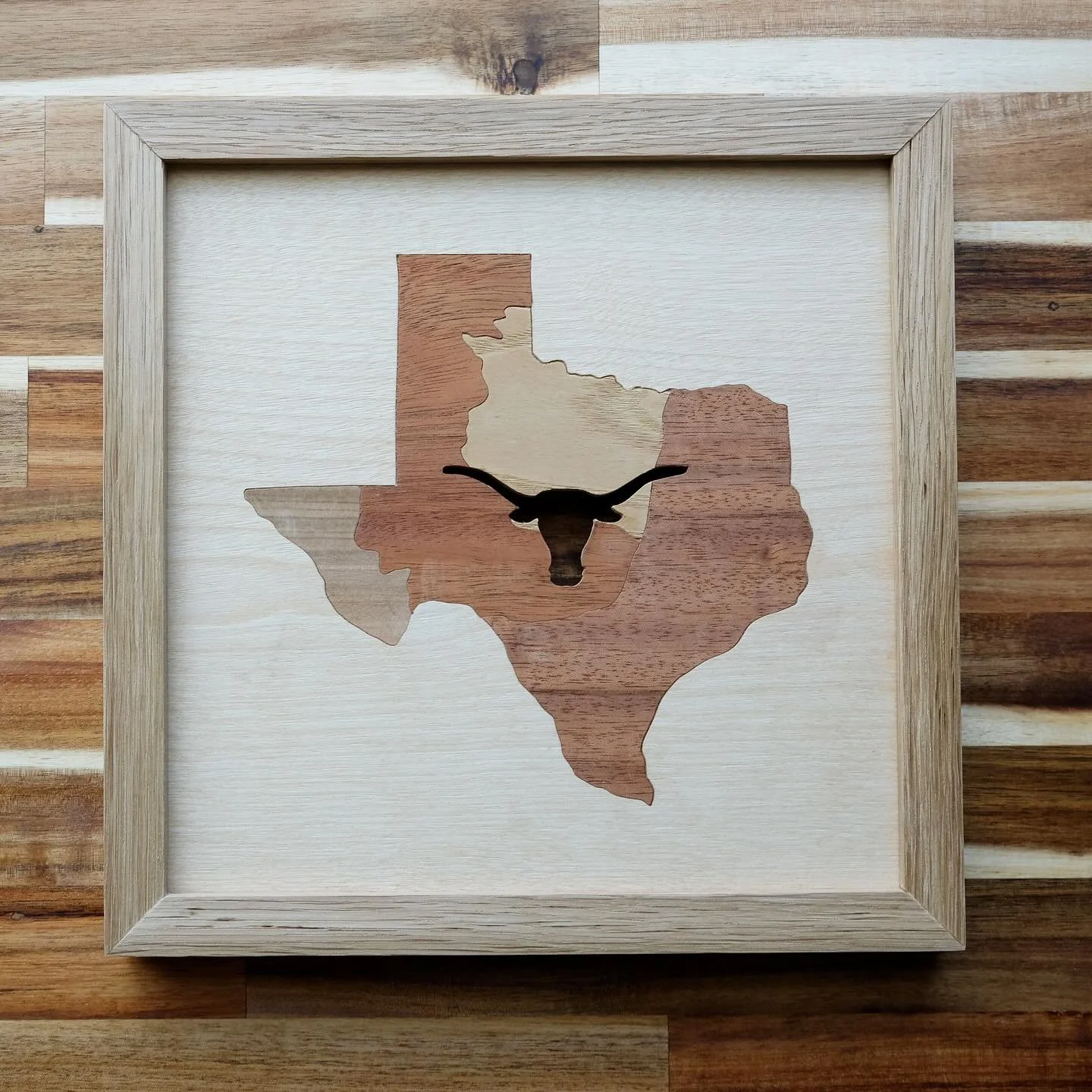 10&rdquo;x10&rdquo; Texas marquetry pieces! I cut out the logo using my scroll saw for a little extra dimension and make for a great gift for those Longhorns and Aggies
