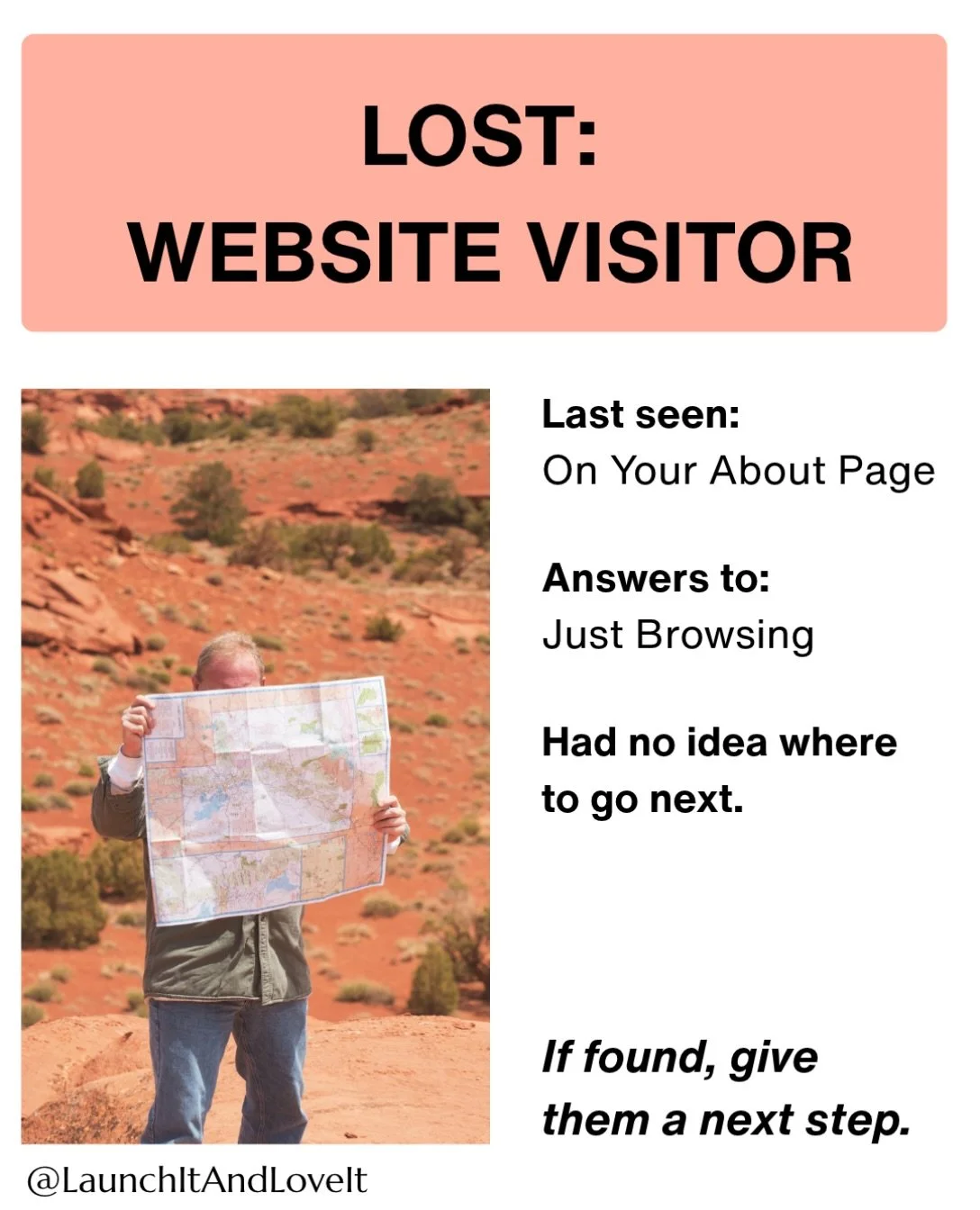 Have you seen this visitor? 🗺️

They read your whole About page. They liked you. And then&hellip; you gave them no direction. No button, no next step, so they wandered off.

Every page on your site needs somewhere to go next. On your About page, tha
