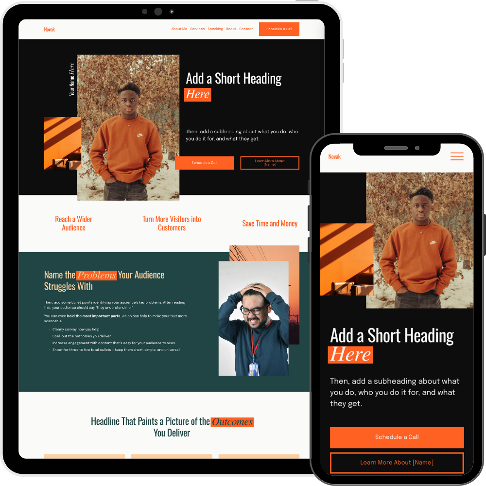 Webpage and mobile view of a website with a black and orange color scheme, featuring a young man in an orange Nike sweatshirt standing against autumn trees, with sections for services, contact, and a call-to-action button.
