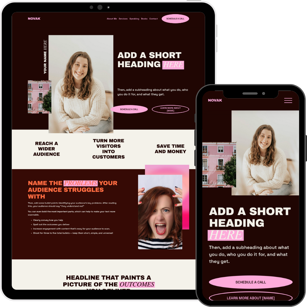 Website displayed on a tablet and smartphone screens featuring a woman with curly hair and a wide smile, wearing a cream sweater, with text sections about marketing or personal branding, using pink and dark background themes.