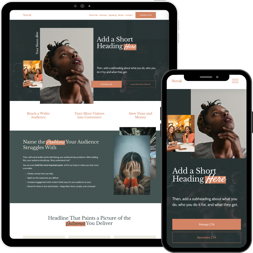 A responsive website displayed on a computer and smartphone screen, featuring a professional layout with images of diverse people, headings, buttons, and text content about marketing or consulting services.