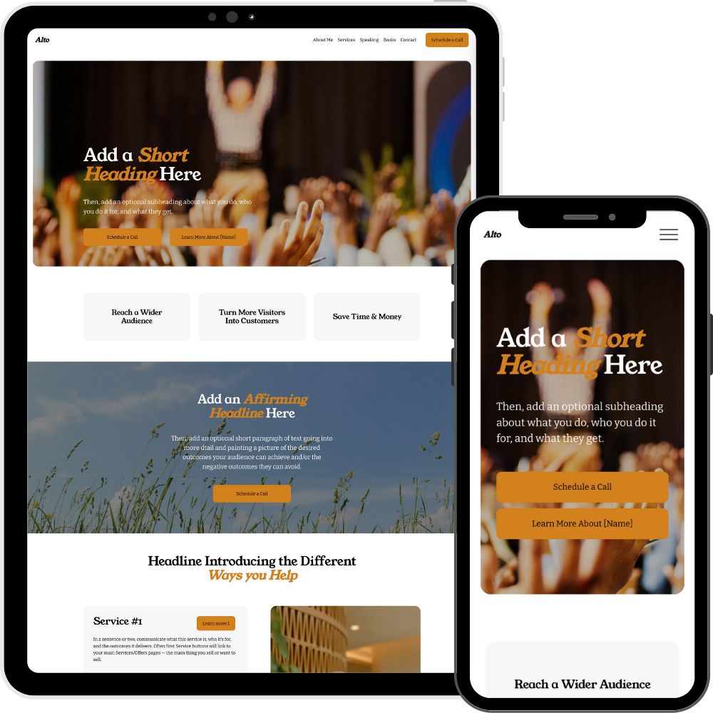 A website displayed on a tablet and smartphone screen with a layout promoting services. The site features headings, buttons for scheduling calls, and sections with text and images about helping audiences and increasing engagement.