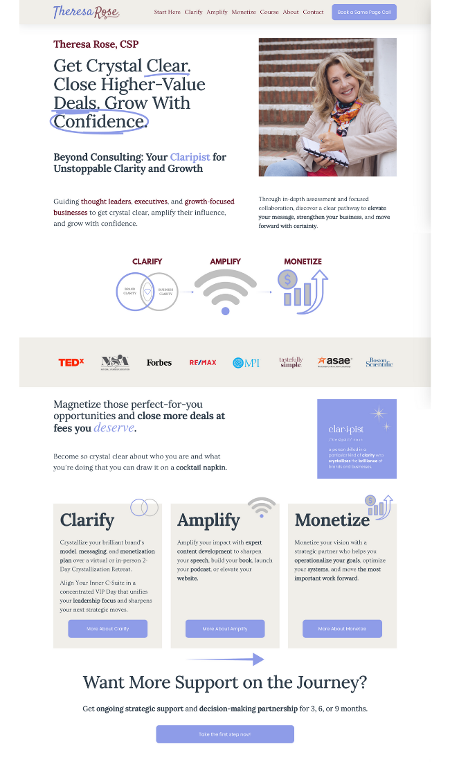 Screenshot of a personal branding website for Theresa Rose, CSP, featuring a photo of Theresa smiling and holding a cup and notebook. The page offers consulting services focused on clarity, amplification, and monetization, with sections and icons describing each service.