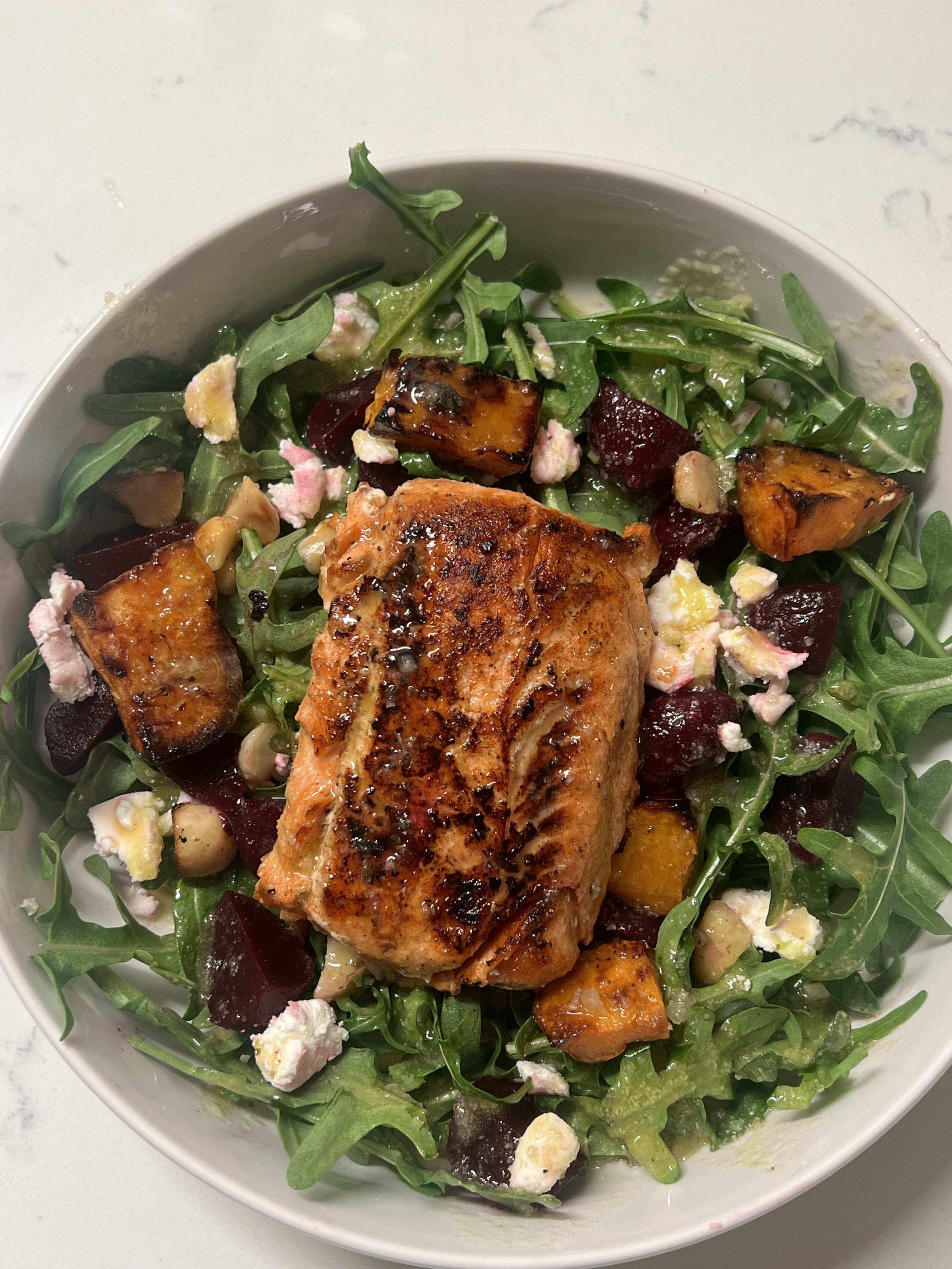 Arugula Beet & Goat Cheese Salad With Cripsy Salmon Fillet