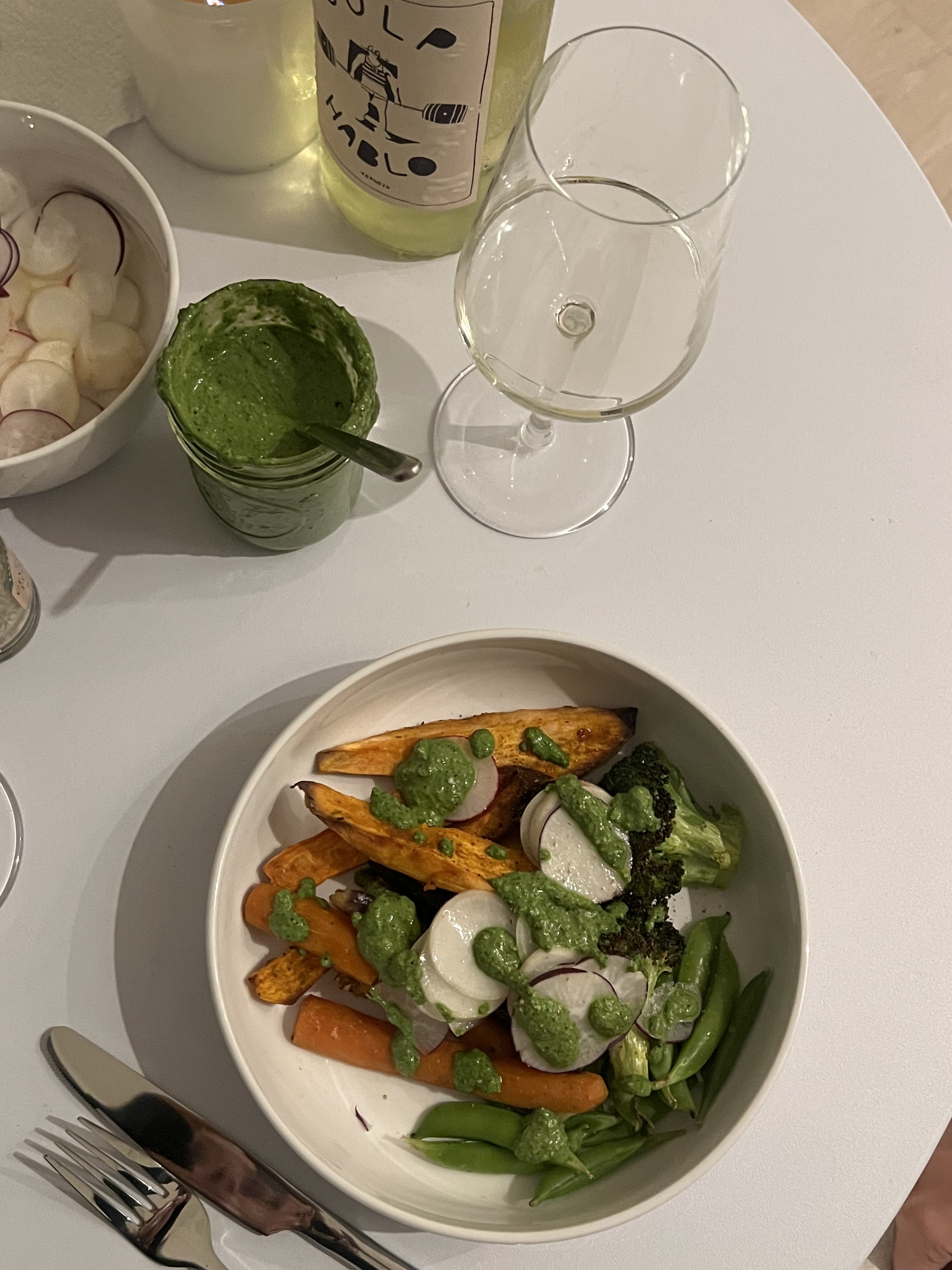Root Vegetable Roasted Nourish Bowl with Homemade Pesto