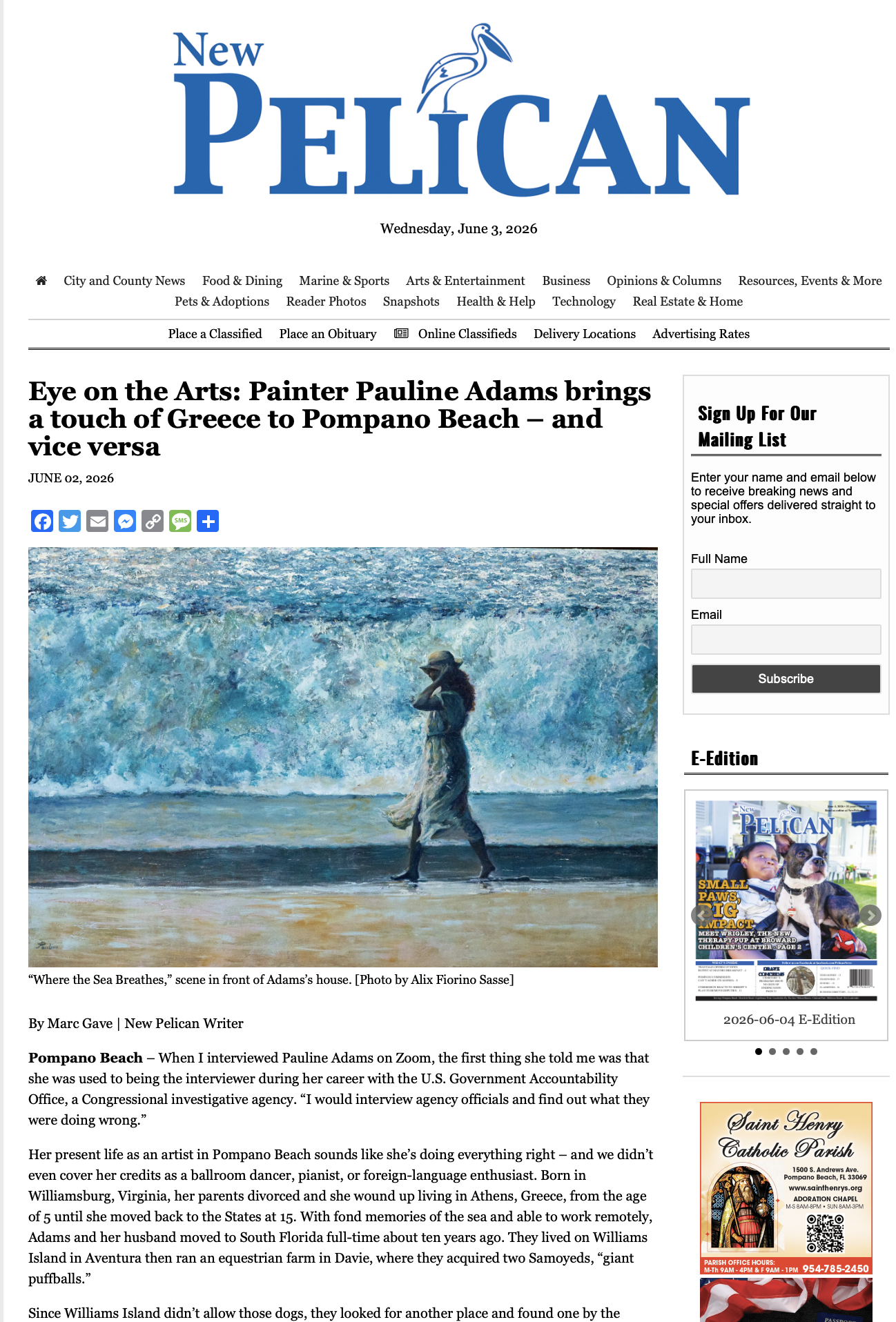 NEW PELICAN: Eye on the Arts: Painter Pauline Adams brings a touch of Greece to Pompano Beach – and vice versa / JUNE 02, 2026