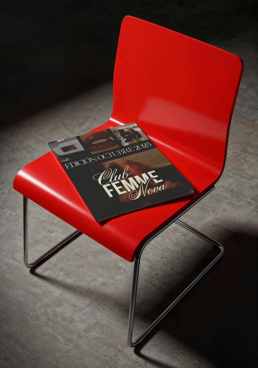 Revista sobre eventos de octubre 2025 en el Club Femme Noveda, colocada en una silla roja en un piso de concreto.