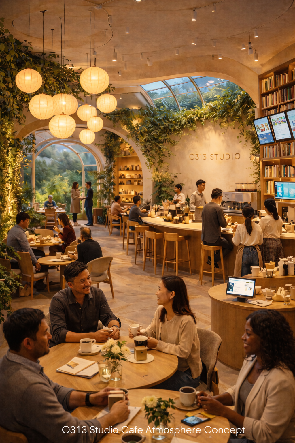 A cozy cafe filled with people enjoying coffee and conversations, illuminated by soft warm lighting, with lush green plants, bookshelves, and a large glass ceiling revealing a garden or outdoor scenery.
