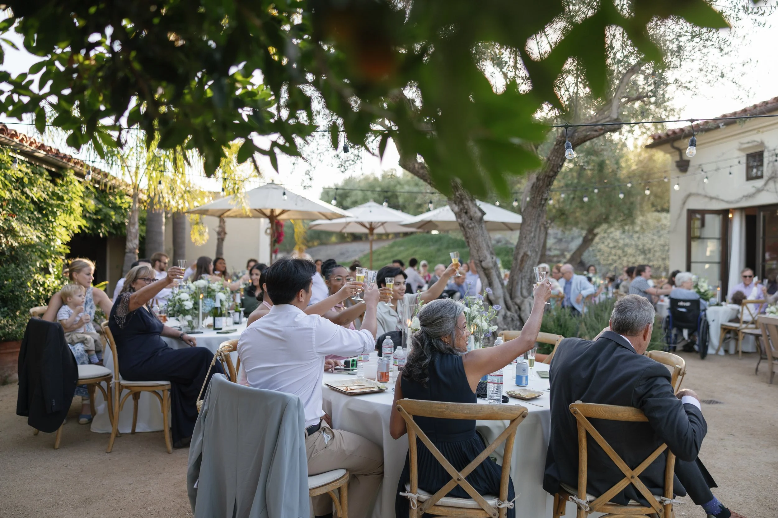 People sitting at decorated tables outdoors during an event, raising glasses in cheers, with trees, string lights, and a building in the background.