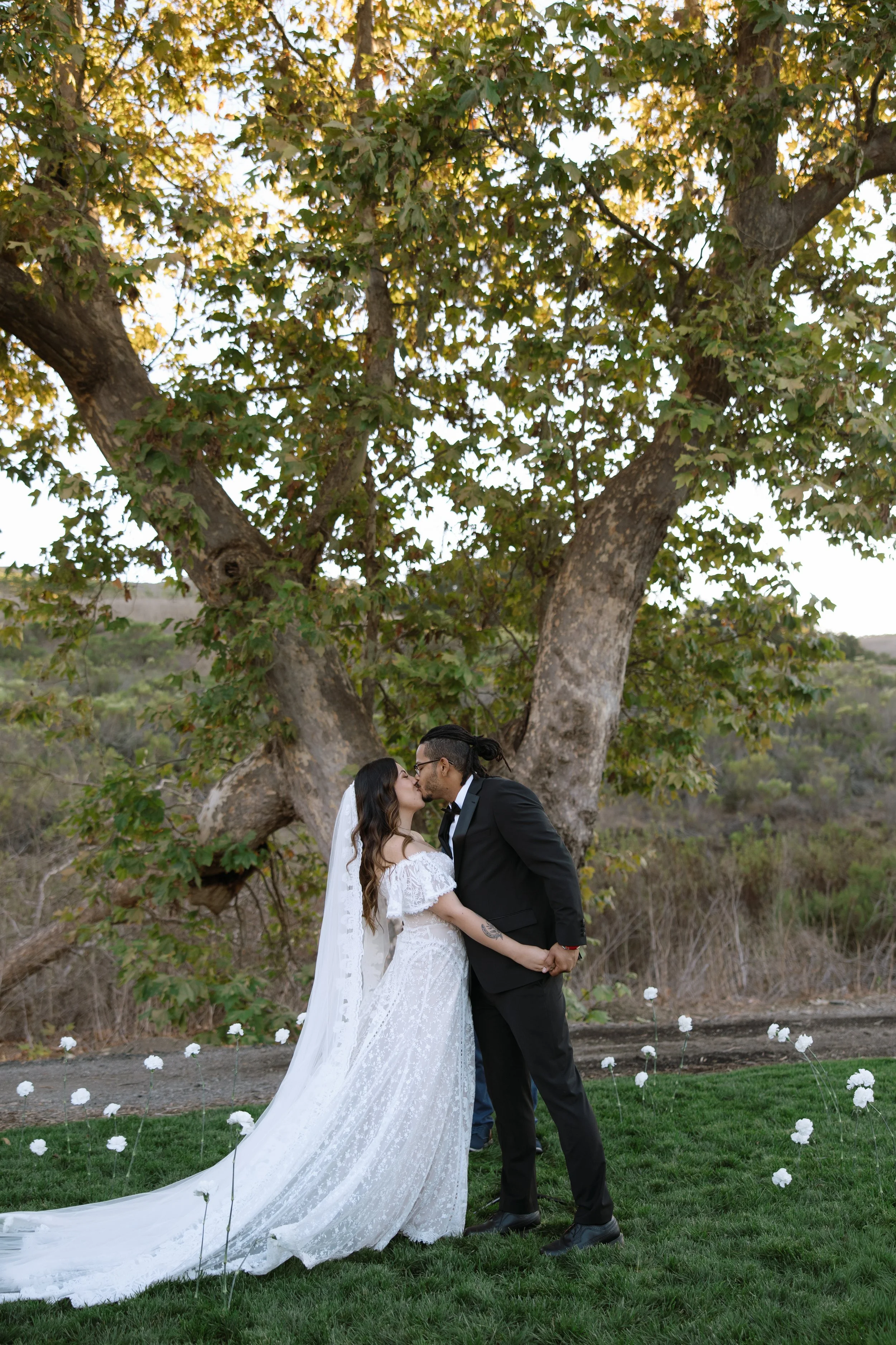 A bride and groom kiss outdoors beneath a large tree with green leaves, holding hands, with a grassy area and white flowers arranged around them.