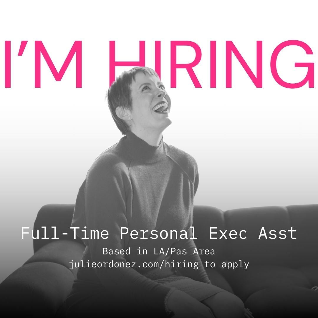 I'm hiring for a full-time Personal Executive Assistant to me, Julie Ordonez, Founder of Courage Lab 🤩

Here are the quick deets: [for more info head to the website] 
- Must be local to LA / Pasadena area 
- Have a reliable vehicle and laptop 
- Rem