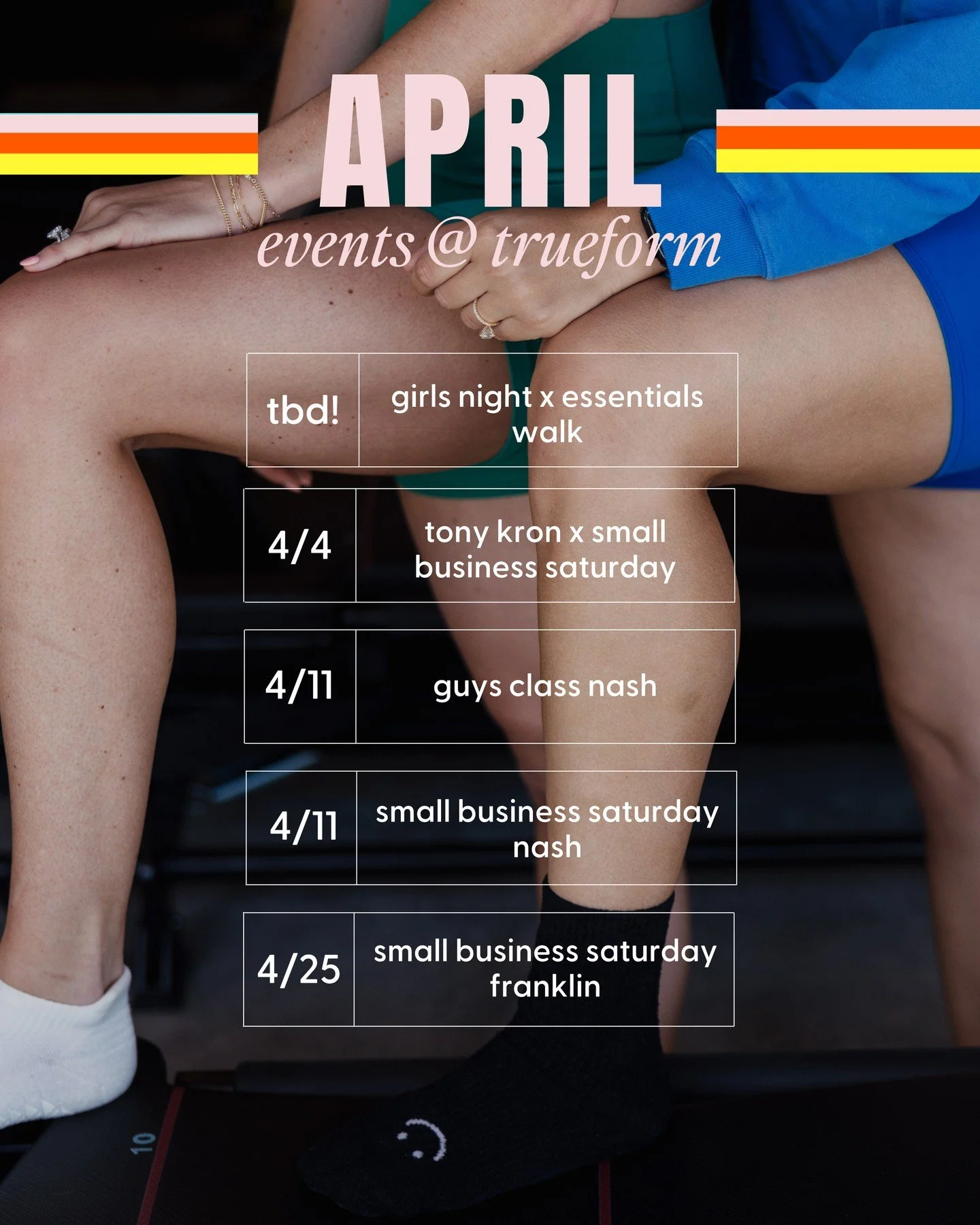 lots of april fun coming your way 🫶🏼⁠
⁠
✨️ girls night x @essentialsuniversity walk &ndash; date TBA!⁠
⁠
✨️ 4/4 | @drtonykrohn x @totofoodsco (nashville | 7am&ndash;12pm):⁠
$20 | 5-minute chiropractic adjustments after nash classes ⁠
(TRUEFORM memb