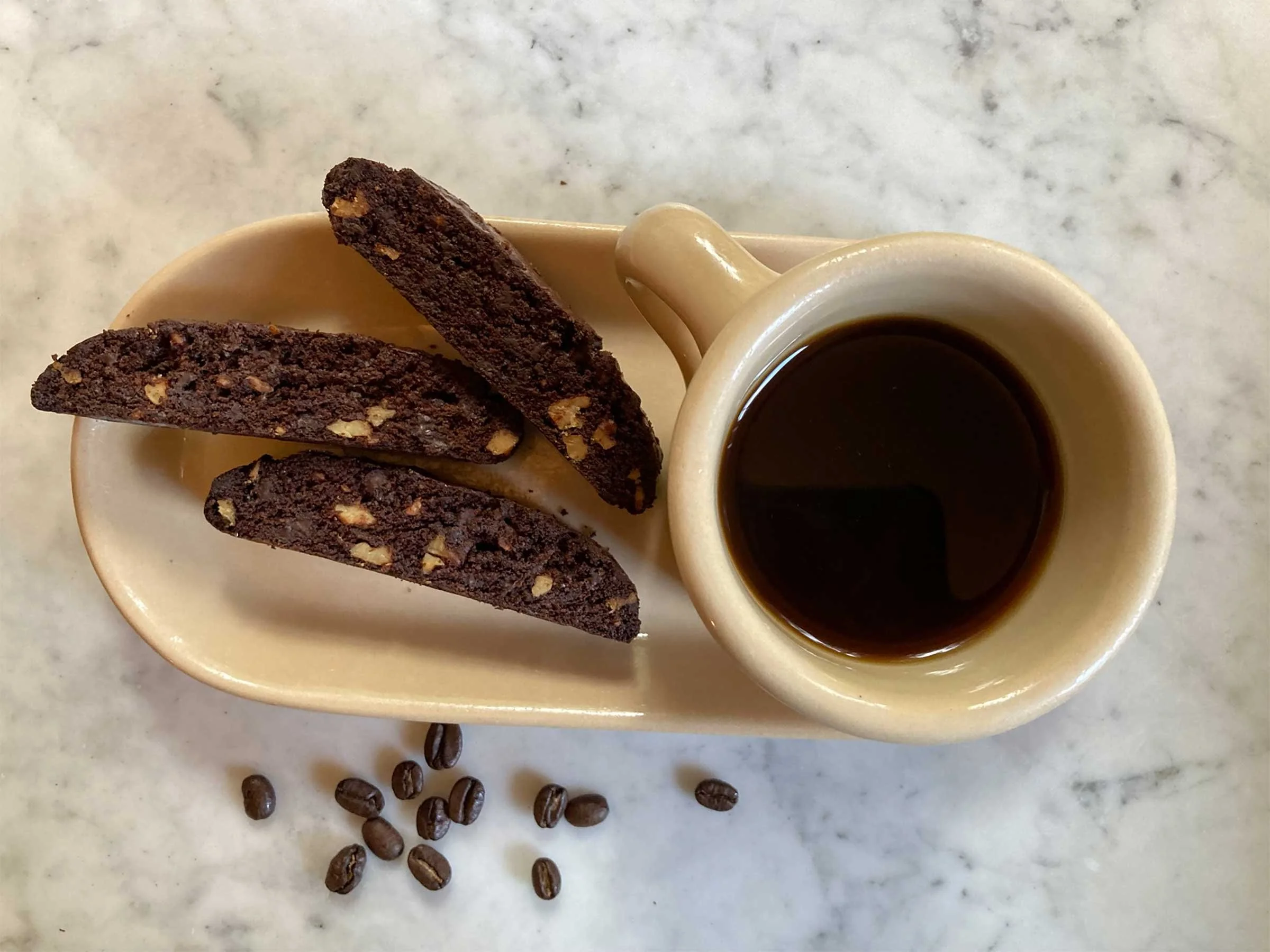 Chocolate Espresso Biscotti with toasted hazlenuts