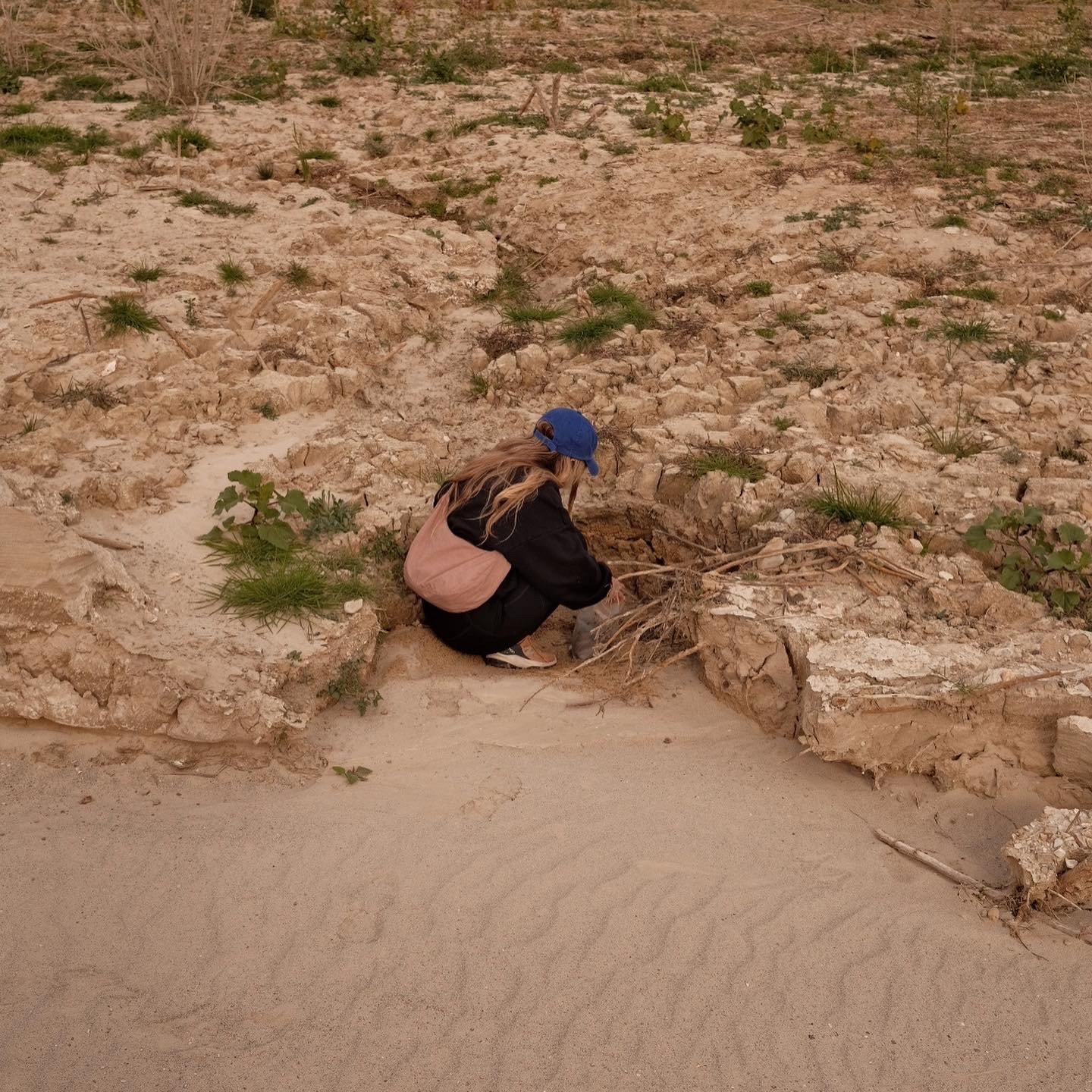 A young girl with blond hair, wearing a blue cap, black and pink jacket, and black pants, crouching and exploring rocks or plants in a dry, rocky landscape with sparse green plants.