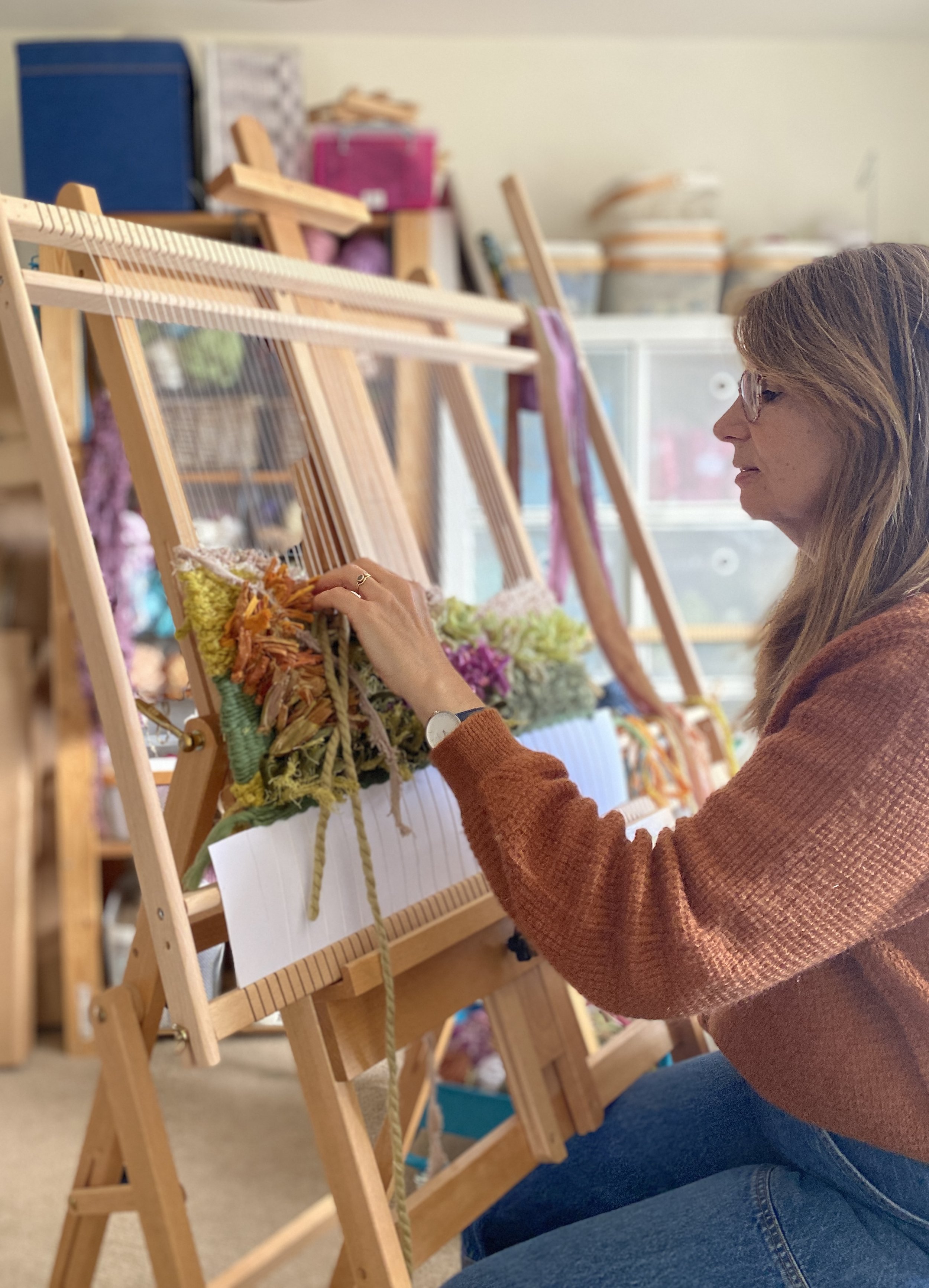 Rachel Harrison making a tapestry on a frame loom
