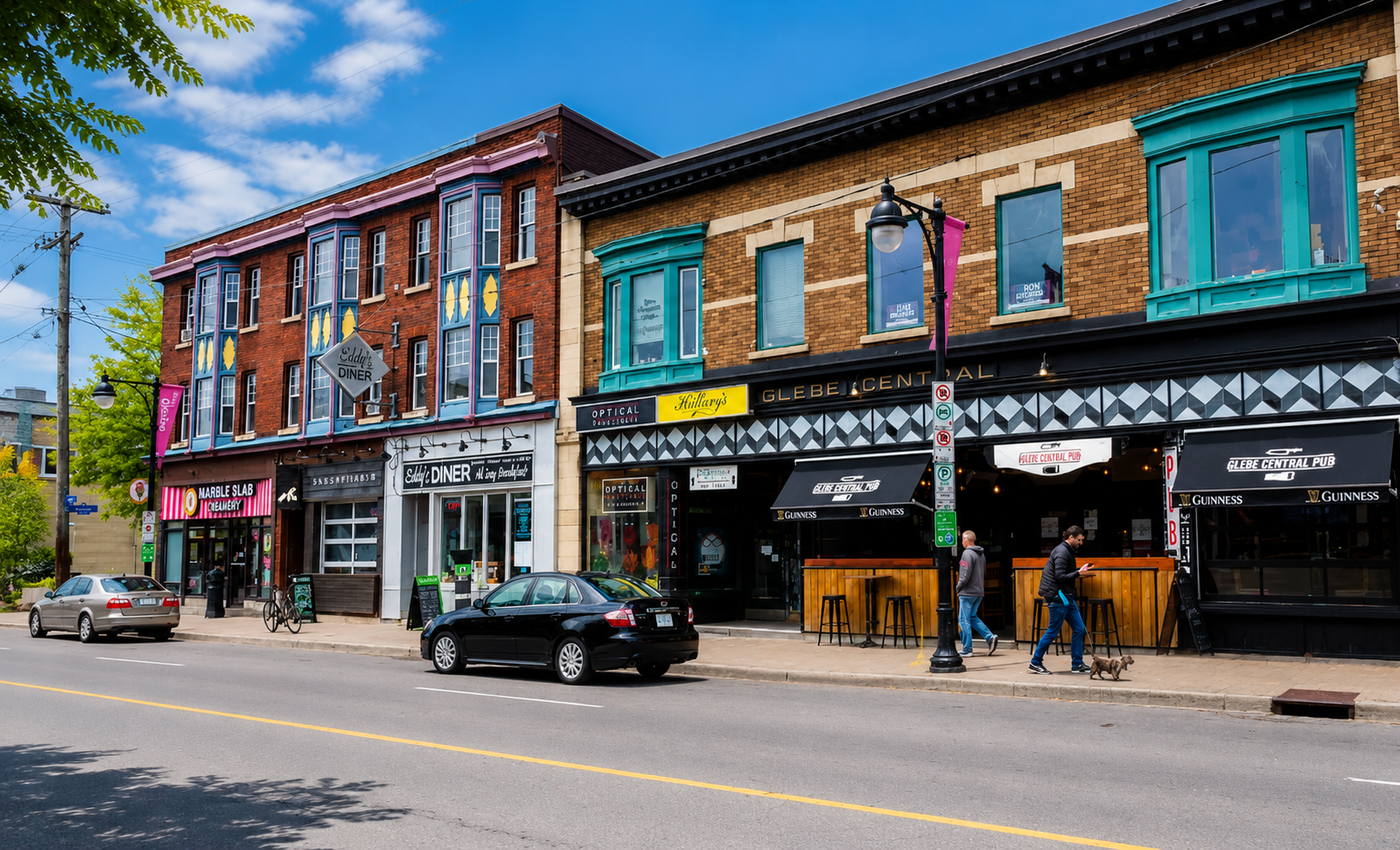 Bank Street in The Glebe neighbourhood of Ottawa. Street view of colorful brick buildings with shops and pubs, parked cars, pedestrians, and blue sky.