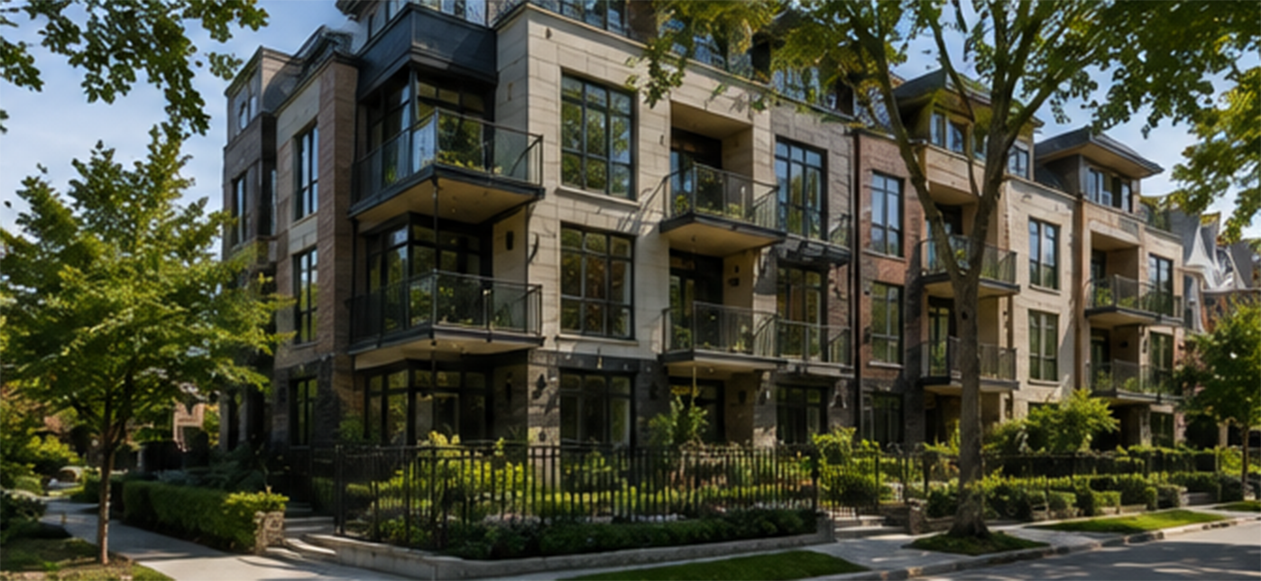 Modern multi-story apartment building with balconies, surrounded by trees and landscaped greenery on a sunny day.