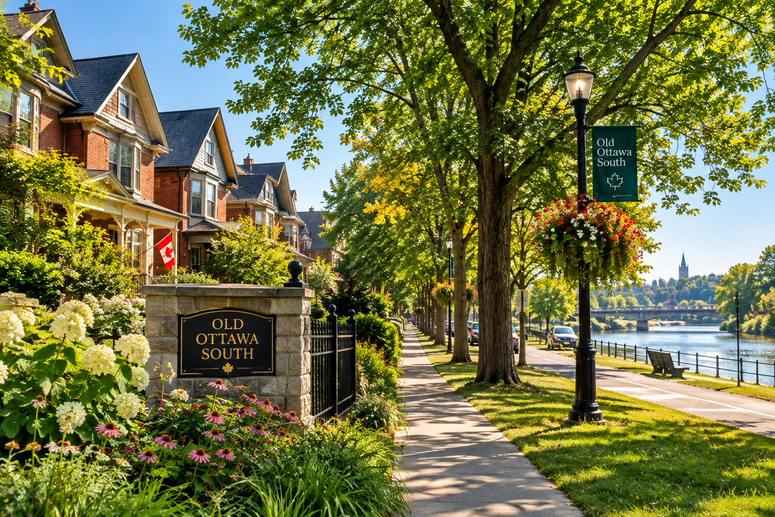 A sunny day scene along the Ottawa River in Old Ottawa South, featuring a sidewalk, trees, benches, a lamppost with a hanging flower basket, a historic sign, and residential houses with Canadian flags, with a bridge and a church steeple in the distance.
