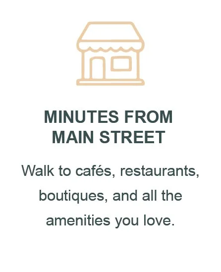 Sign with a simple drawing of a store and text that reads, 'Minutes from Main Street. Walk to cafes, restaurants, boutiques, and all the amenities you love.'